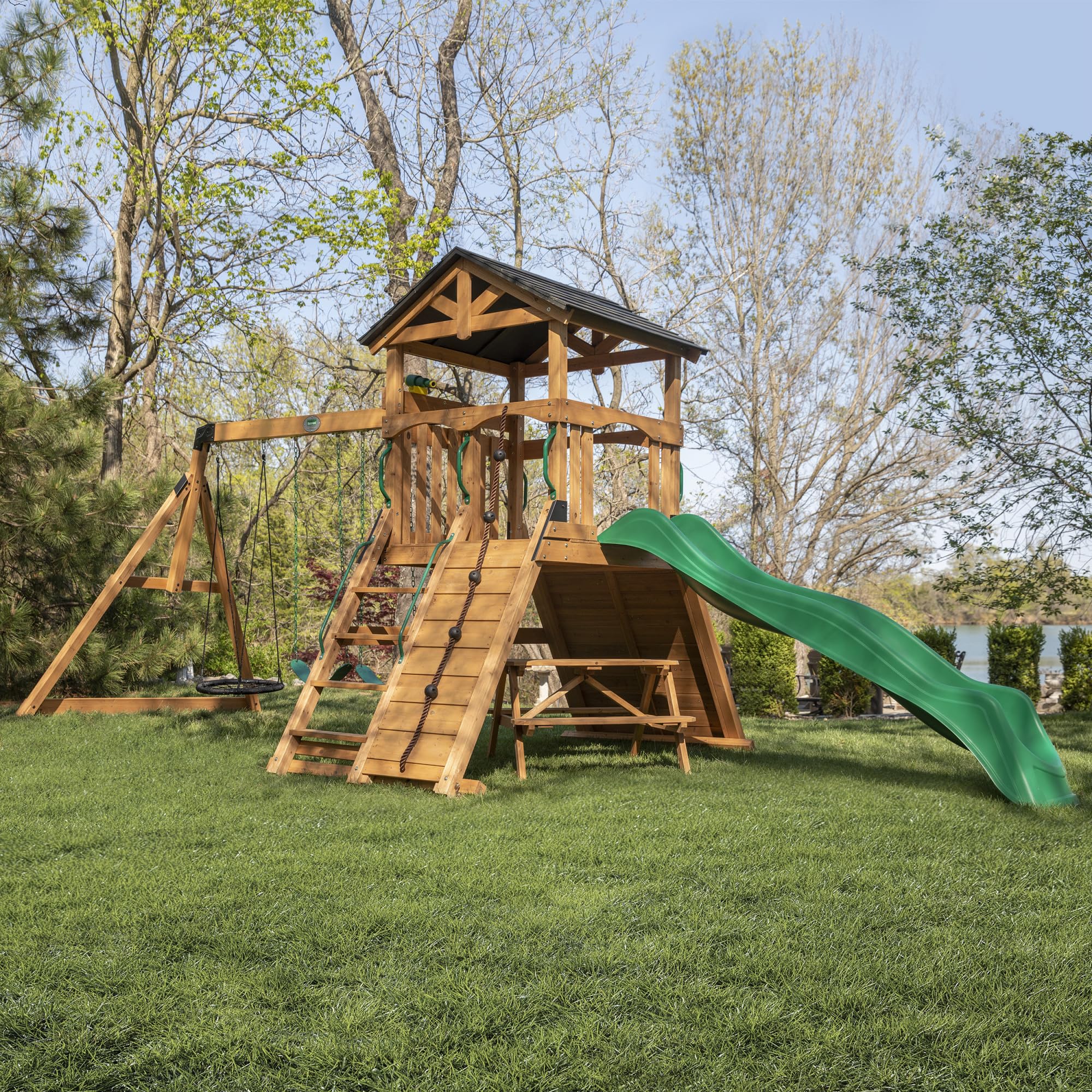 Endeavor II Cedar Wood Swing Set with Wave Slide, Play Deck, Double Rock Wall