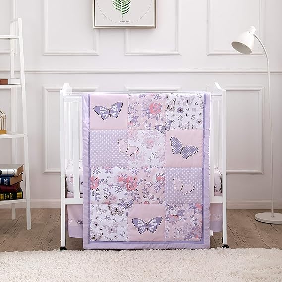 3-Piece Purple Butterfly Baby Crib Bedding Set for Girls