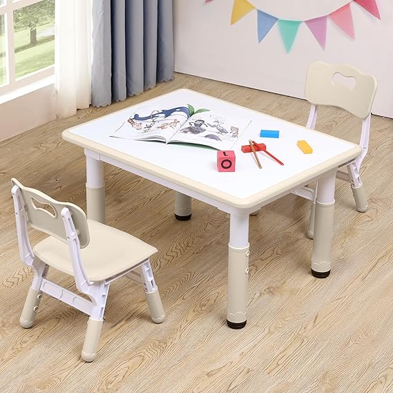 Kids Table & Chairs Set (2 Chairs) Height Adjustable for Ages 2-8 | Non-Slip Toddler