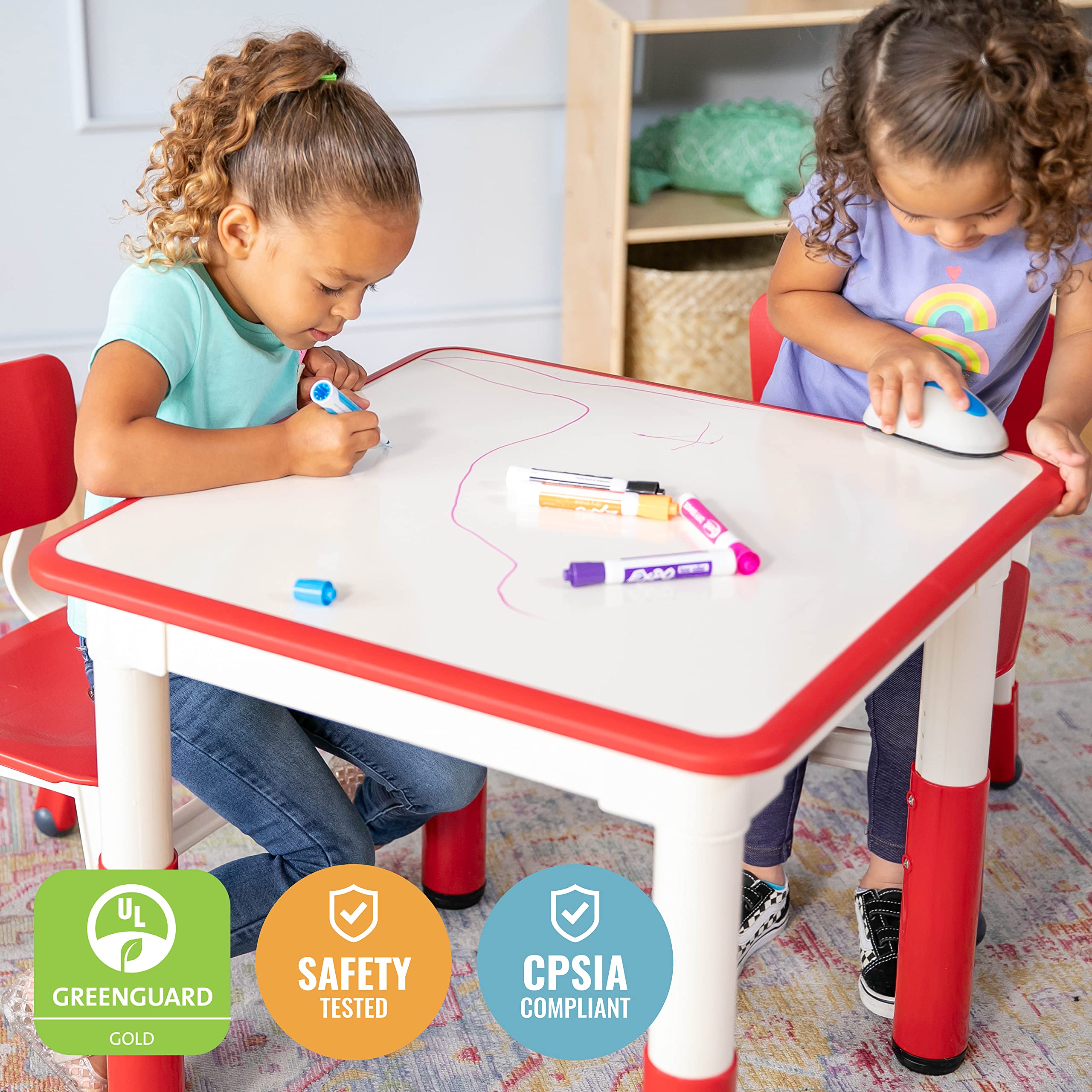 Dry-Erase Square Activity Table with 2 Chairs, Adjustable, Kids Furniture, Red, 1