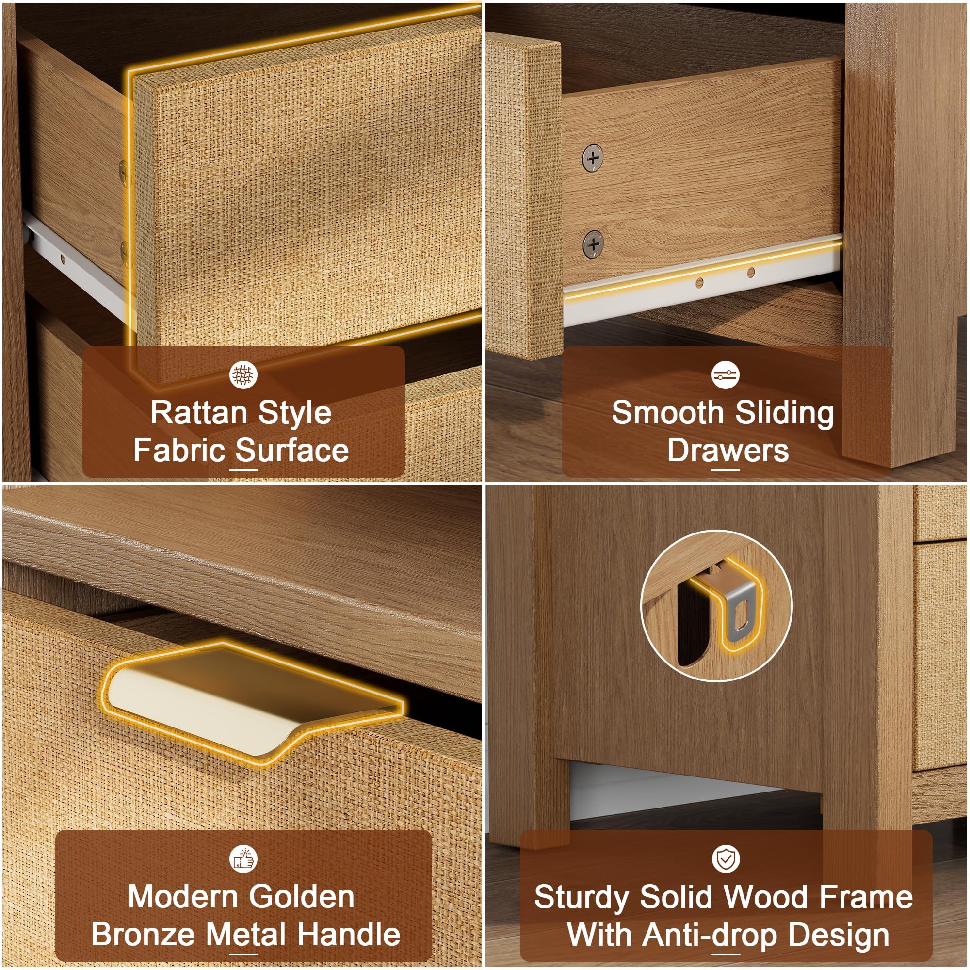 Rattan Nightstand with Charging Station and Storage Drawers