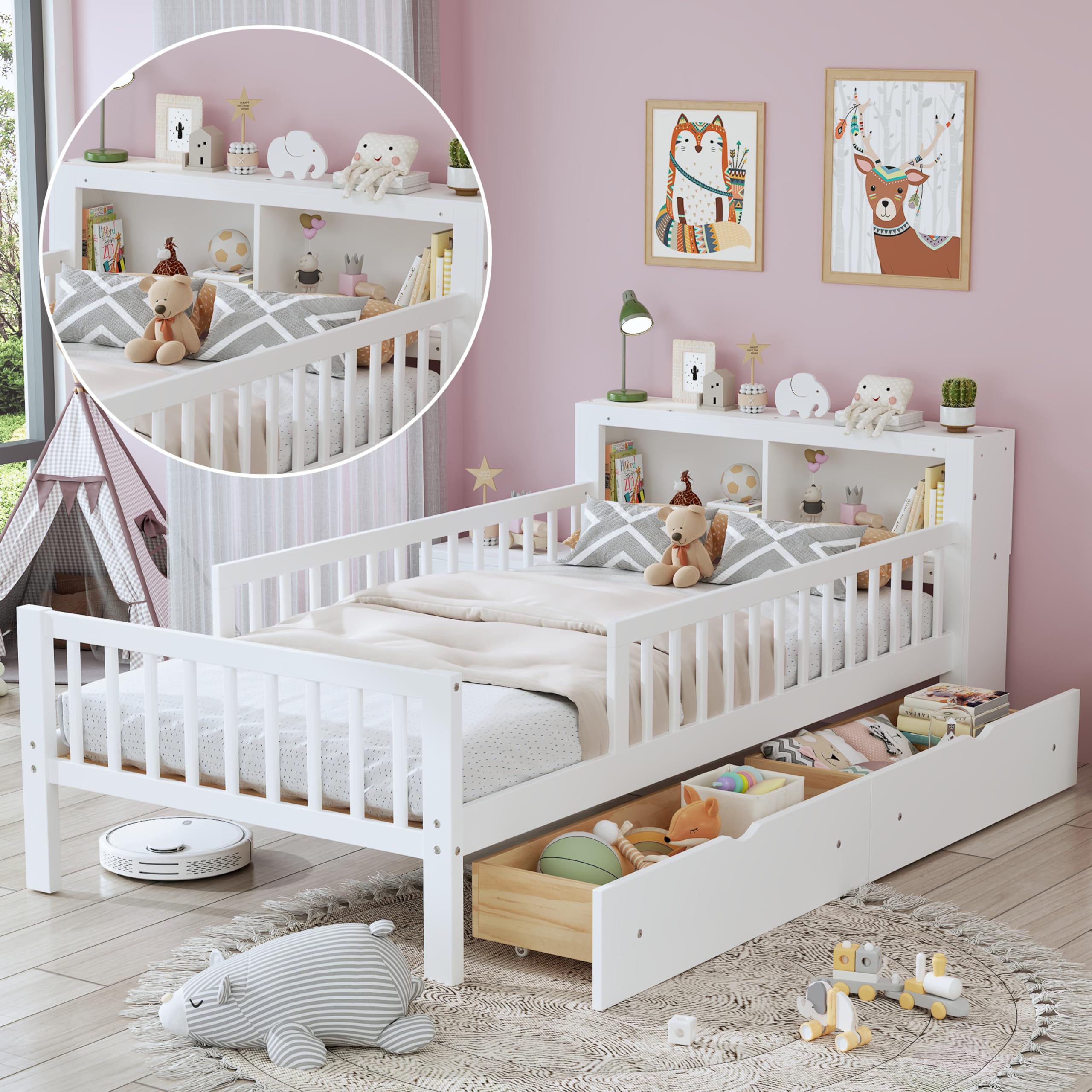 Kids Twin Bed Frame with Storage Headboard, Wooden Platform Bed