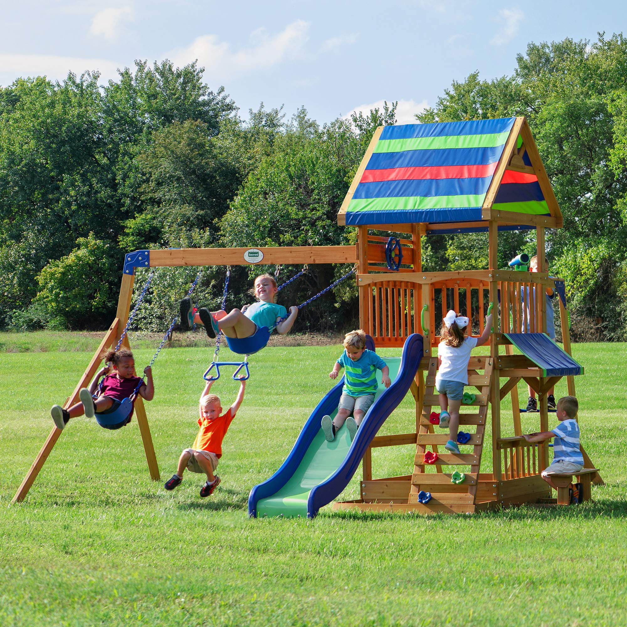 Beach Front Cedar Wood Swing Set with Wave Slide