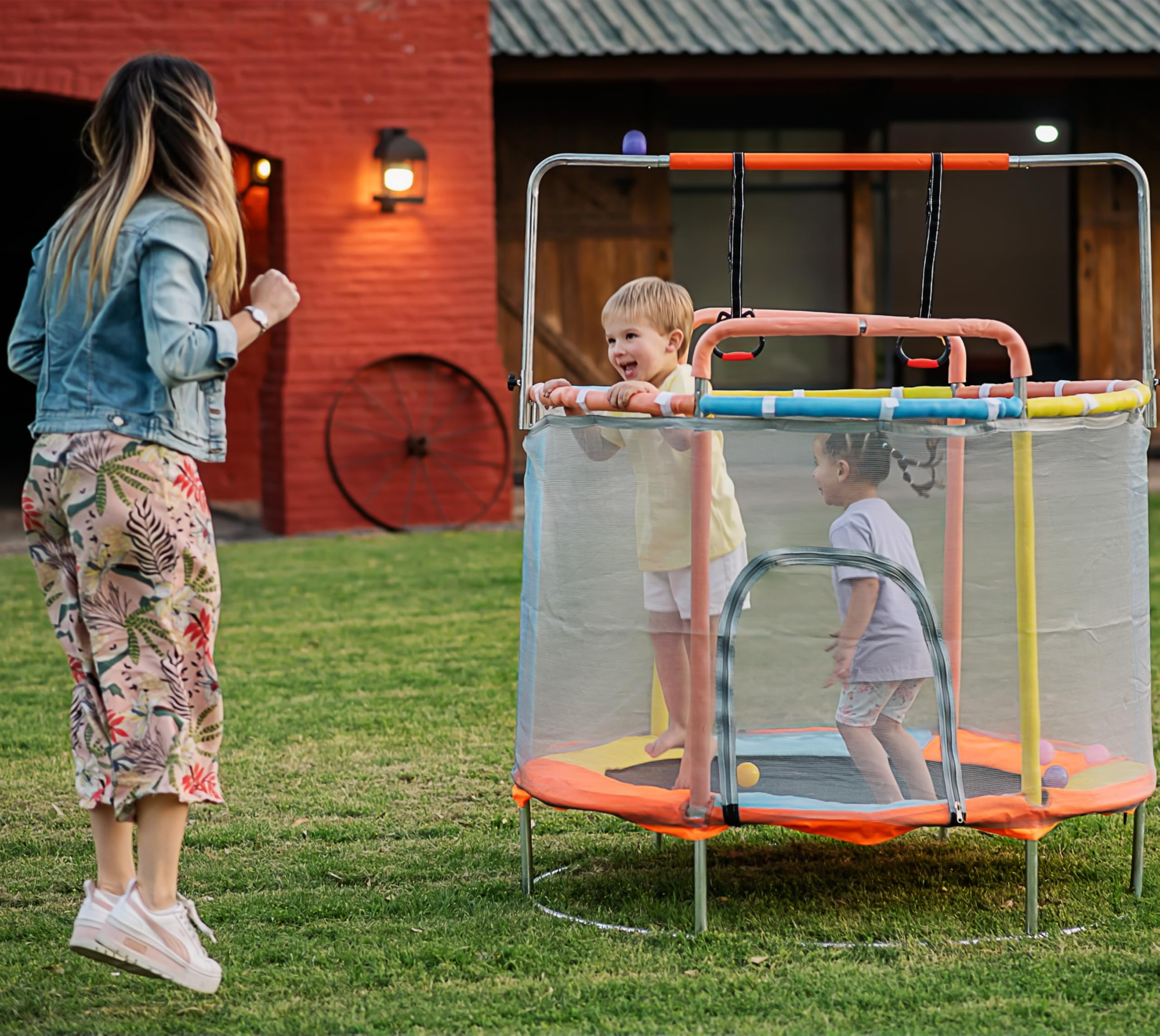 Kids Trampoline with Safety Enclosure and Adjustable Handlebar