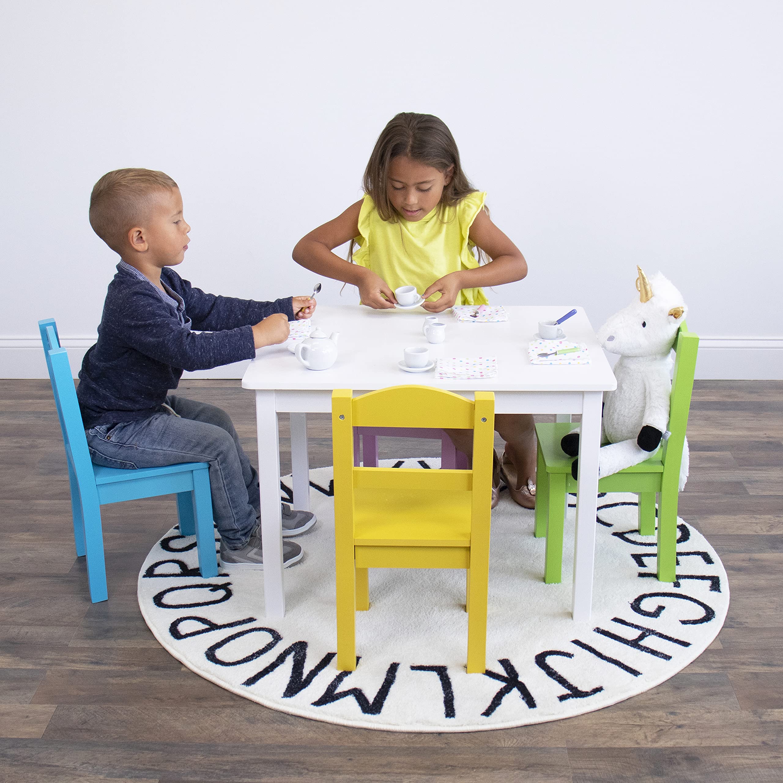Kids Wooden Table and 4 Chairs Set, White/Pastels - Kids Table and Chair Set