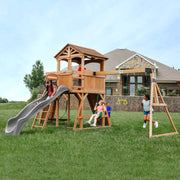 Cedar Wood Swing Set with Wave Slide and Clubhouse