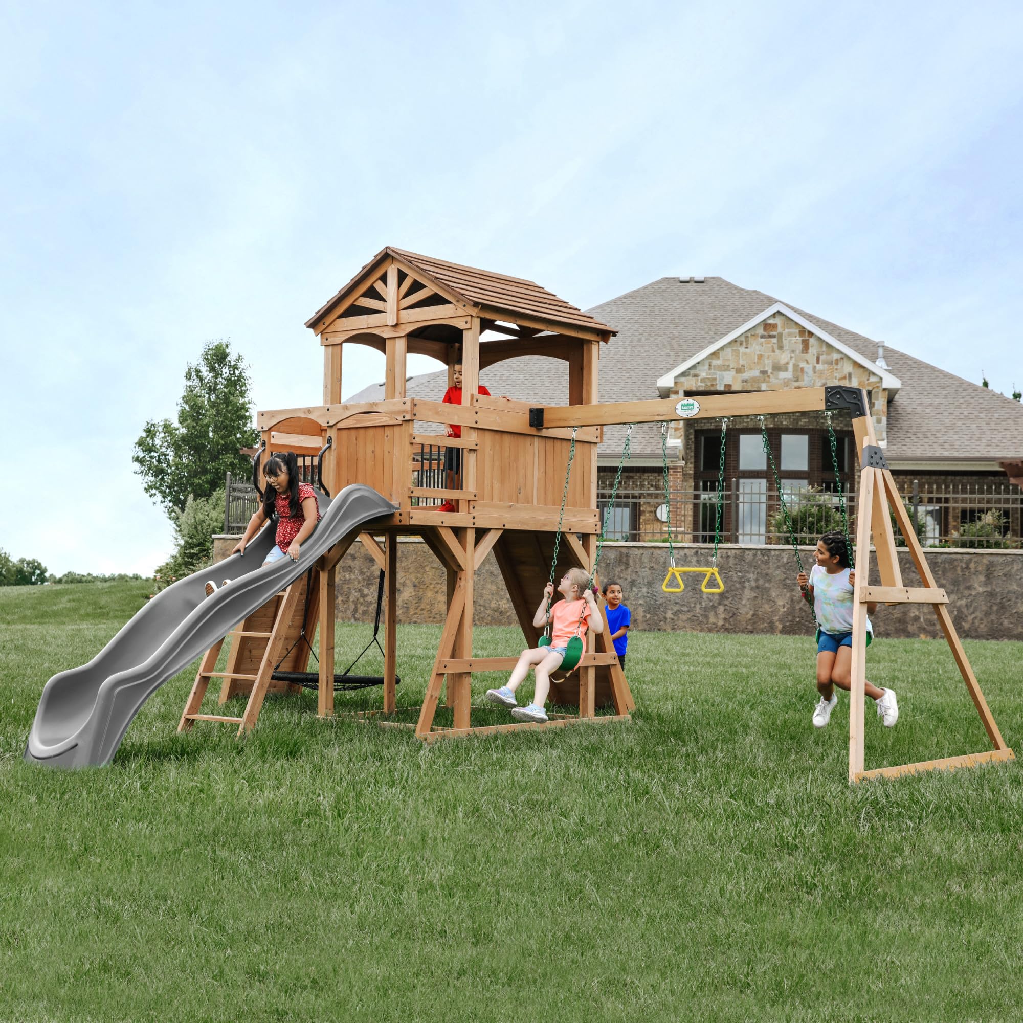 Sterling Point Cedar Wood Swing Set with Wave Slideing, Trapeze, Balcony, Climbing Wall, Ladder, Outdoor Playset