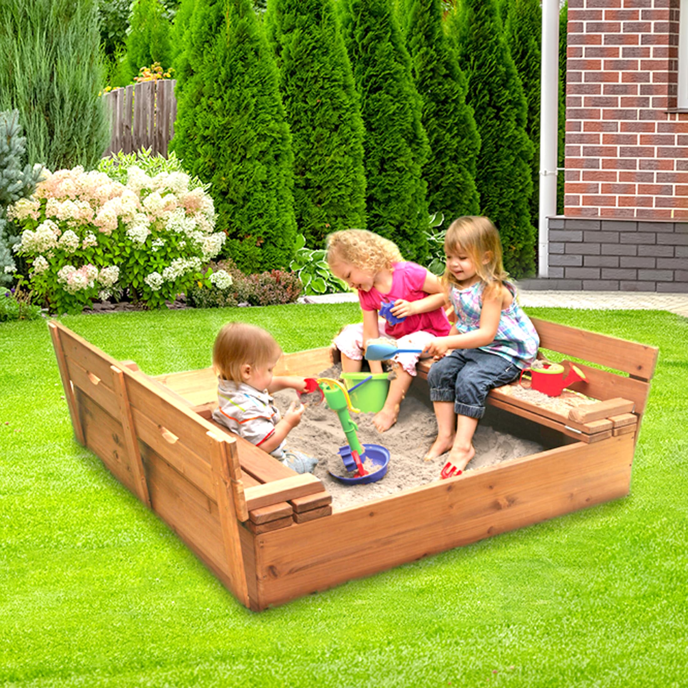 Cedar Sandbox with Lid & Benches - Outdoor Wooden Sandbox for Kids