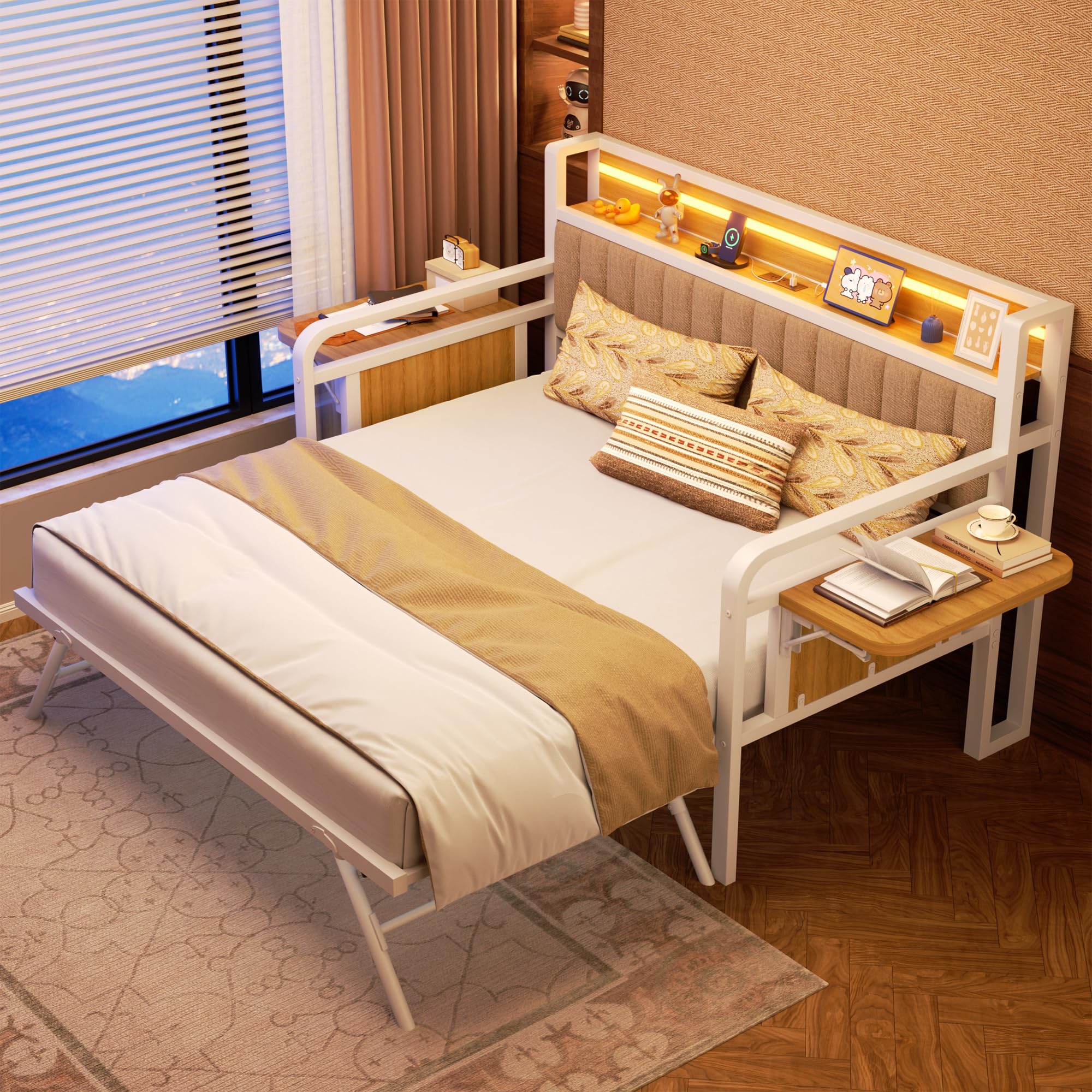 Trundle and LED Light, Heavy Duty Metal Twin Bed Frame
