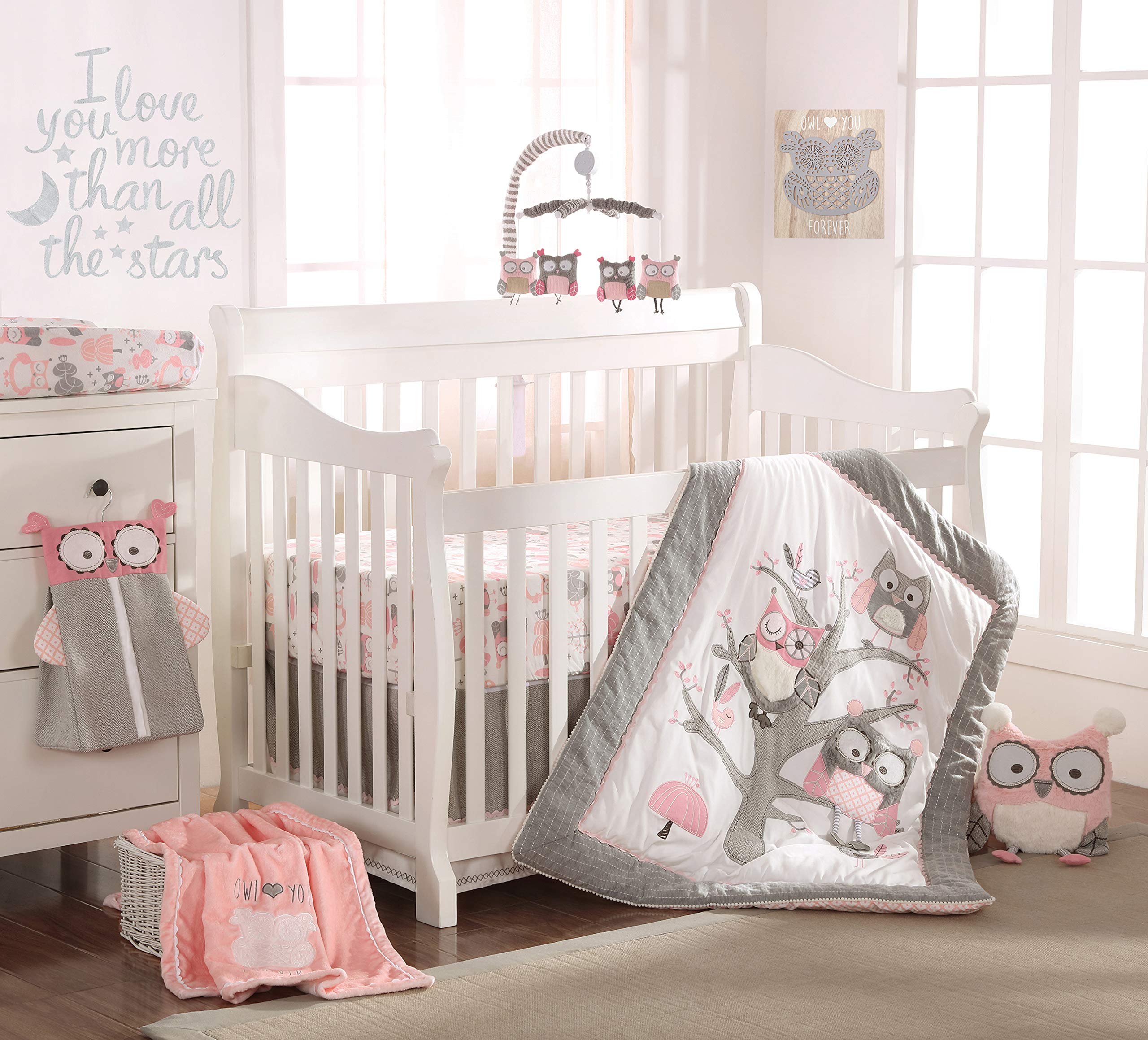 Night Owl Pink Crib Bed Set - Baby Nursery Set - Pink, Grey, White