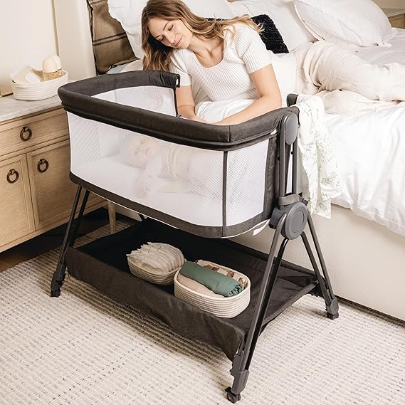 Baby Bedside Sleeper - Bassinet & Bedside Crib with Height Adjustment & Wheels -