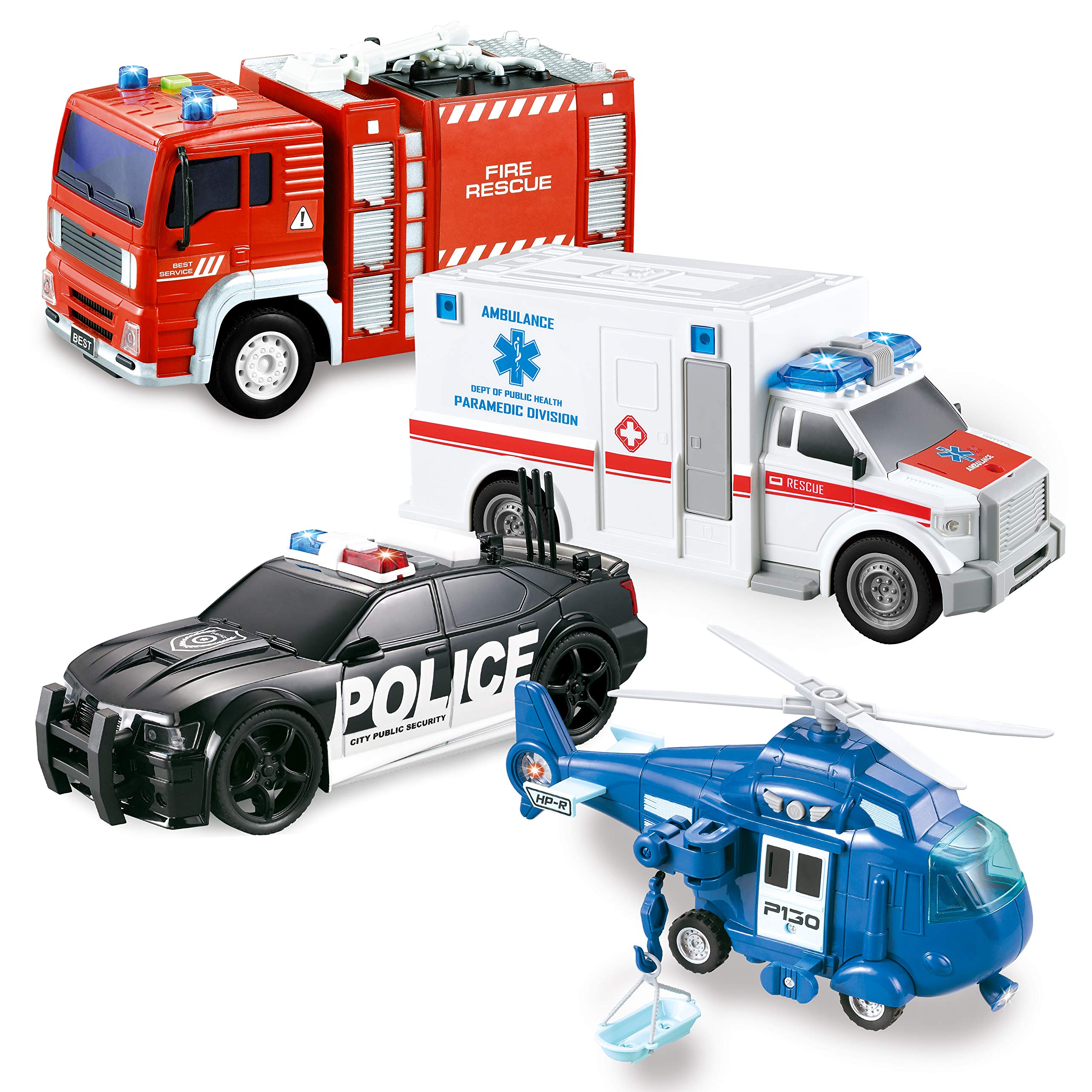 4 Packs Emergency Vehicle Toy Playsets, Friction Powered Vehicles with Light and Sound