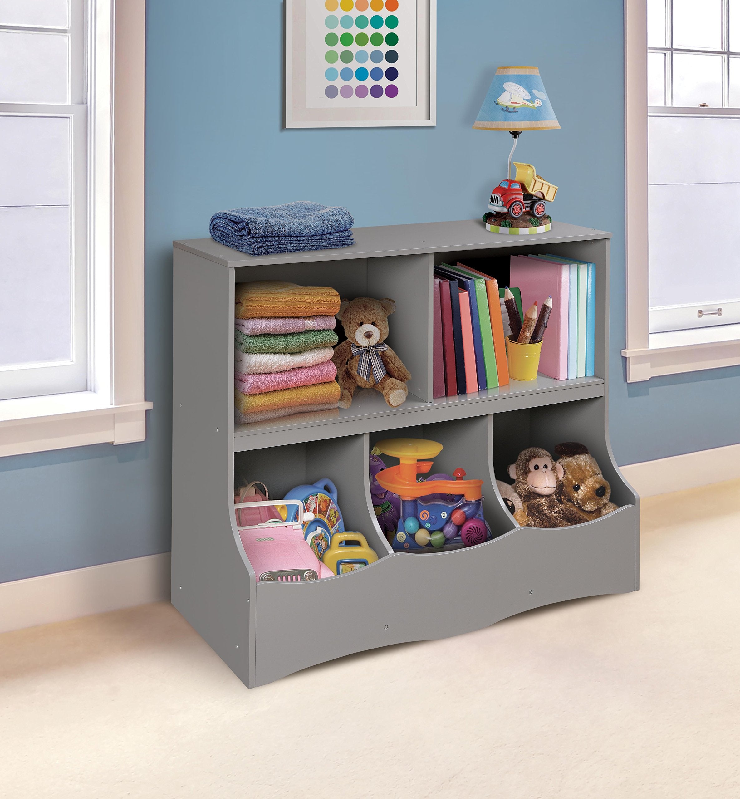 Multi-Bin Storage Cubby for Kids - Toy Organizer with 3 Bins and 2 Shelves