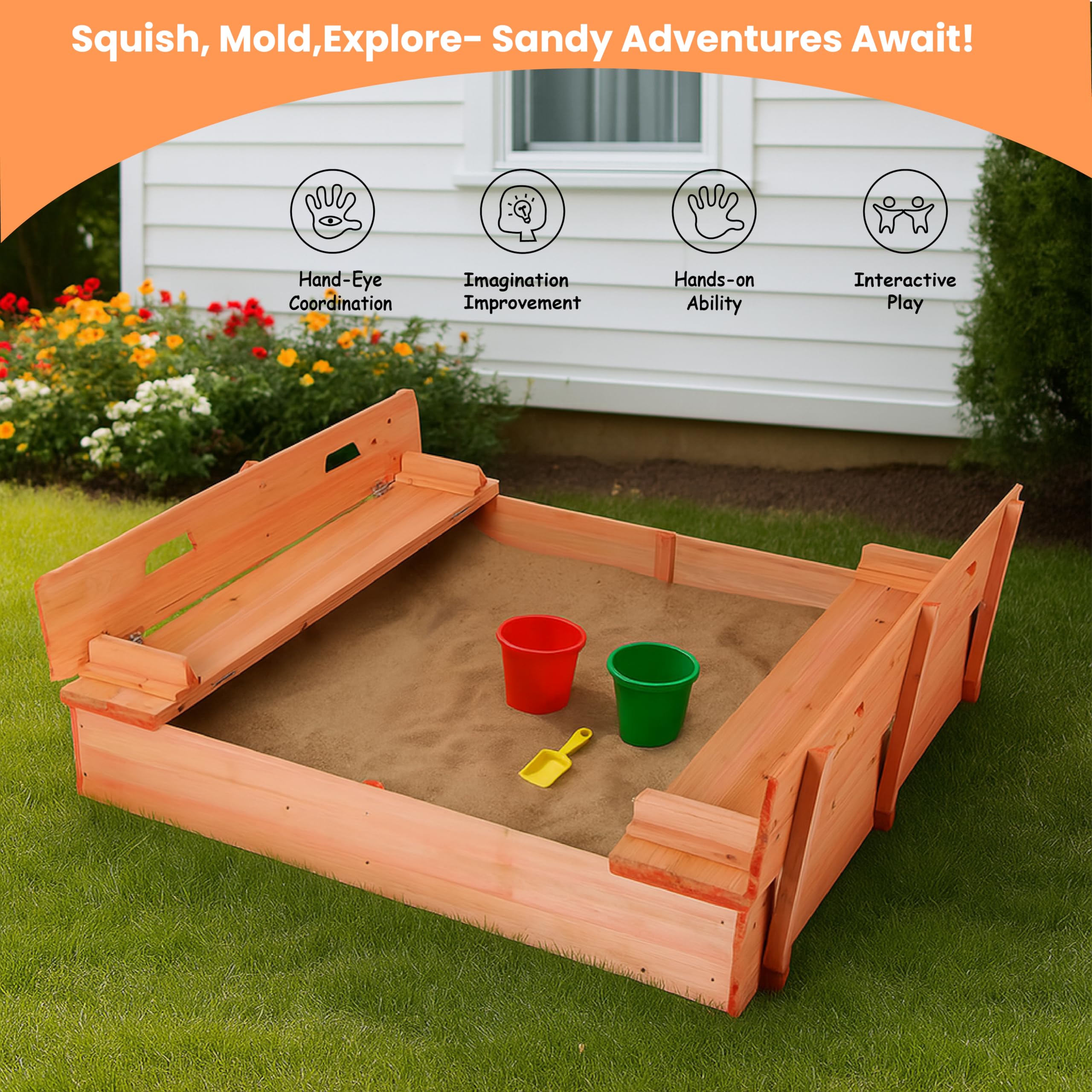 Wooden Sandbox with Lid and Bench Seats