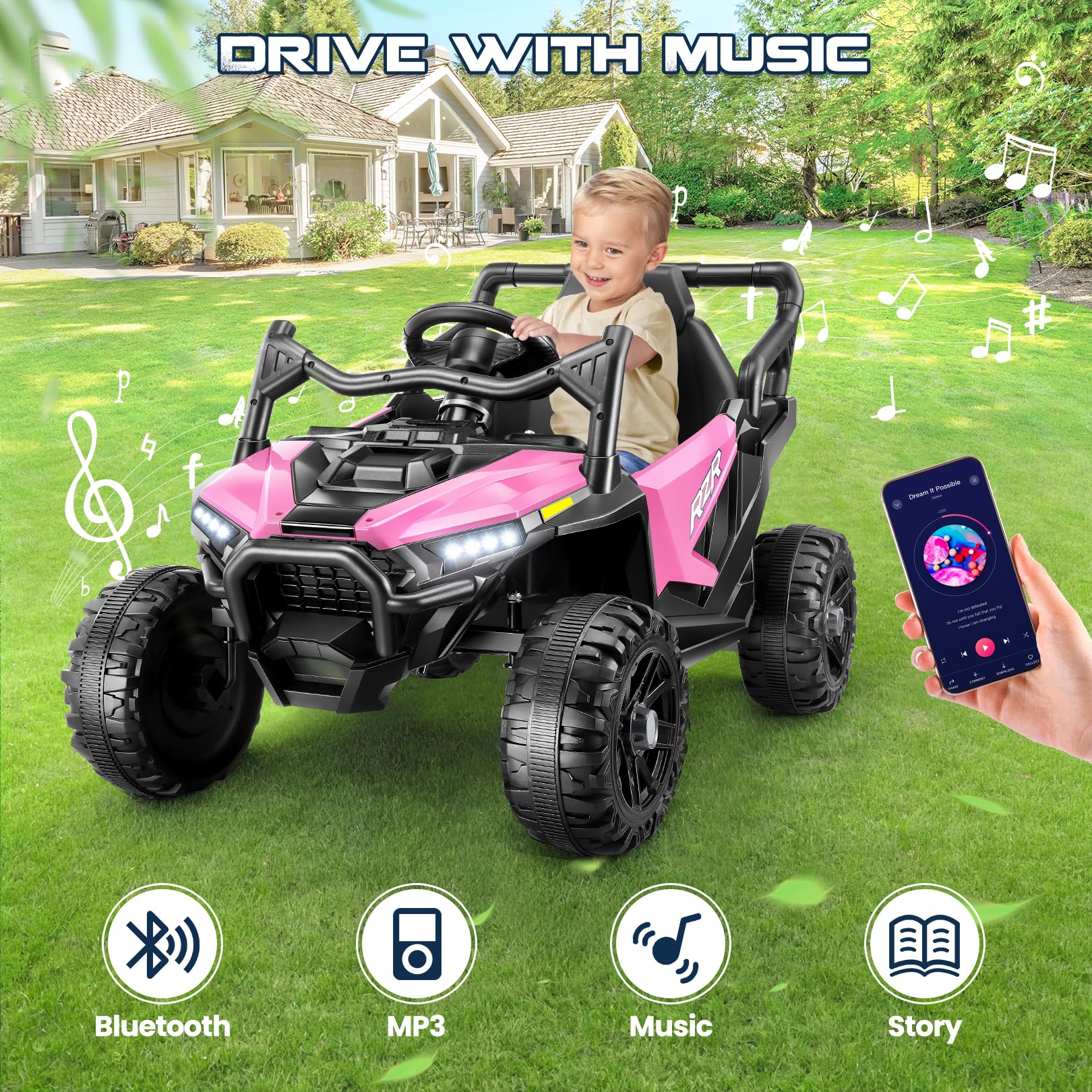 Hikole 24V Ride On Toys for Big Kids UTV, 24 Volt Car Power Wheels Parent Remote for Boy Girls, 2WD/200W*2 Gift, Spacious Seats, 3 Speeds, Soft Start Shock, Bluetooth, Led Lights, Safety Belt, Pink