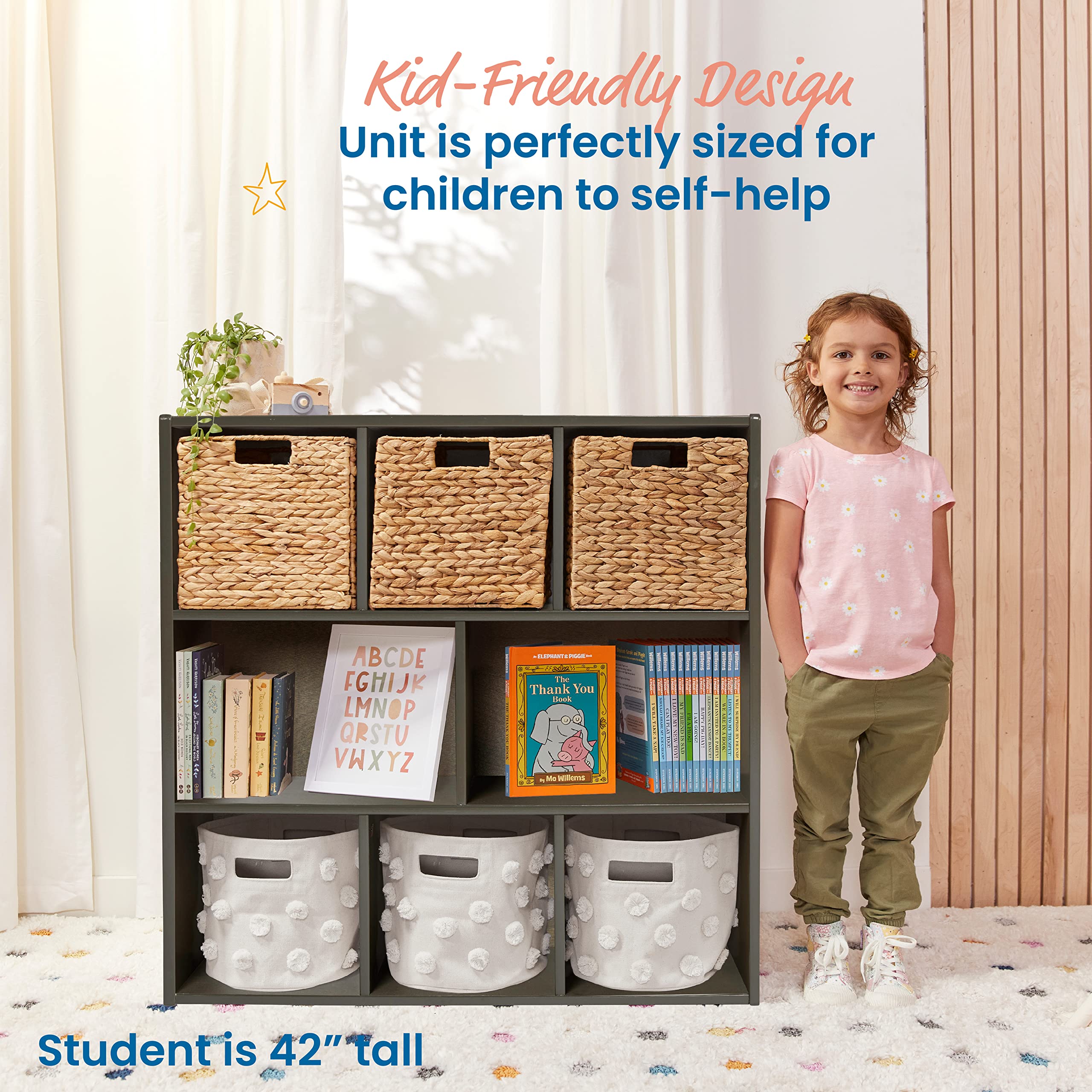 ECR4Kids Streamline 8-Compartment Storage Cabinet, 36in, Classroom Furniture, Grey Wash