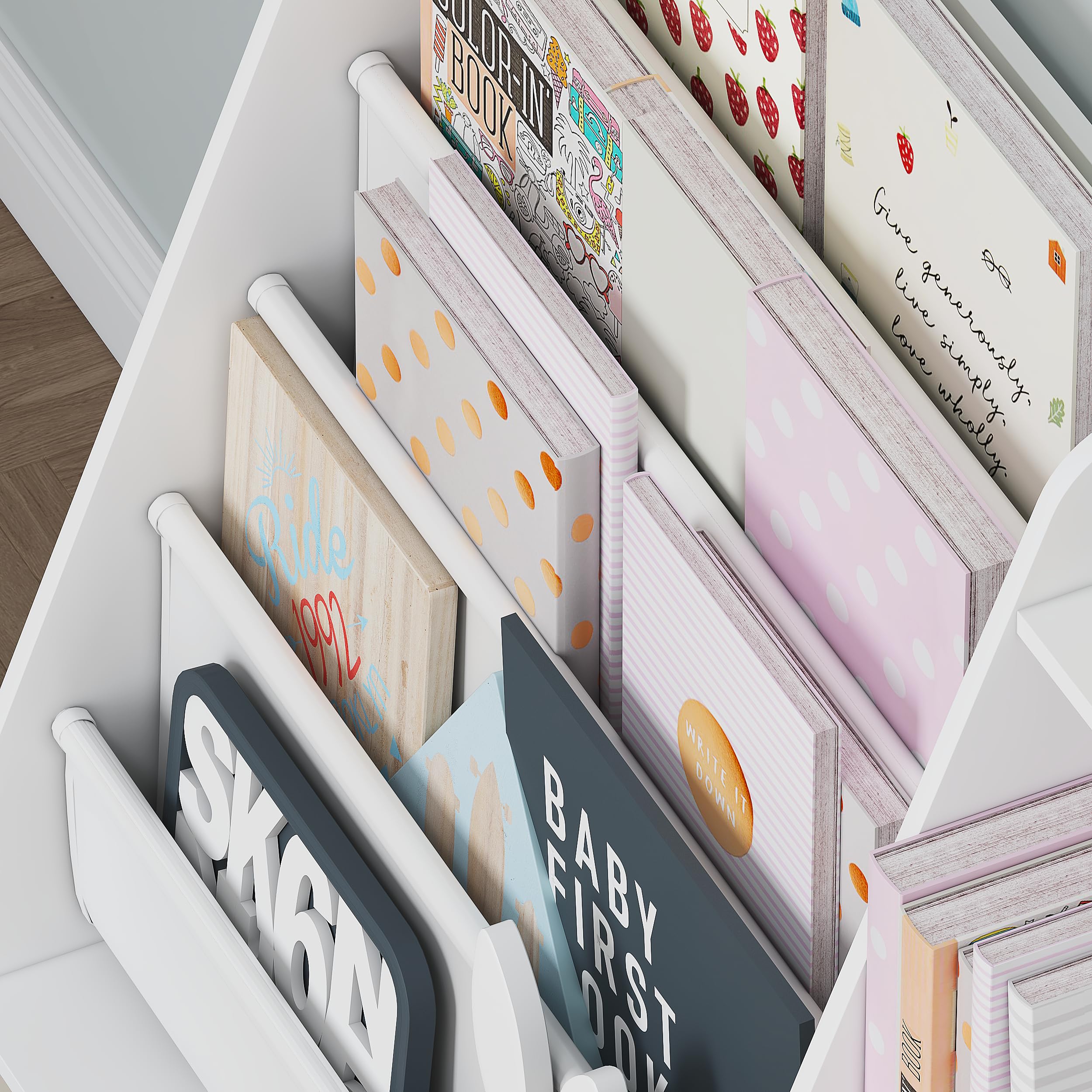 Kids Sling Bookshelf with Storage Bins, Wood Children Bookcase