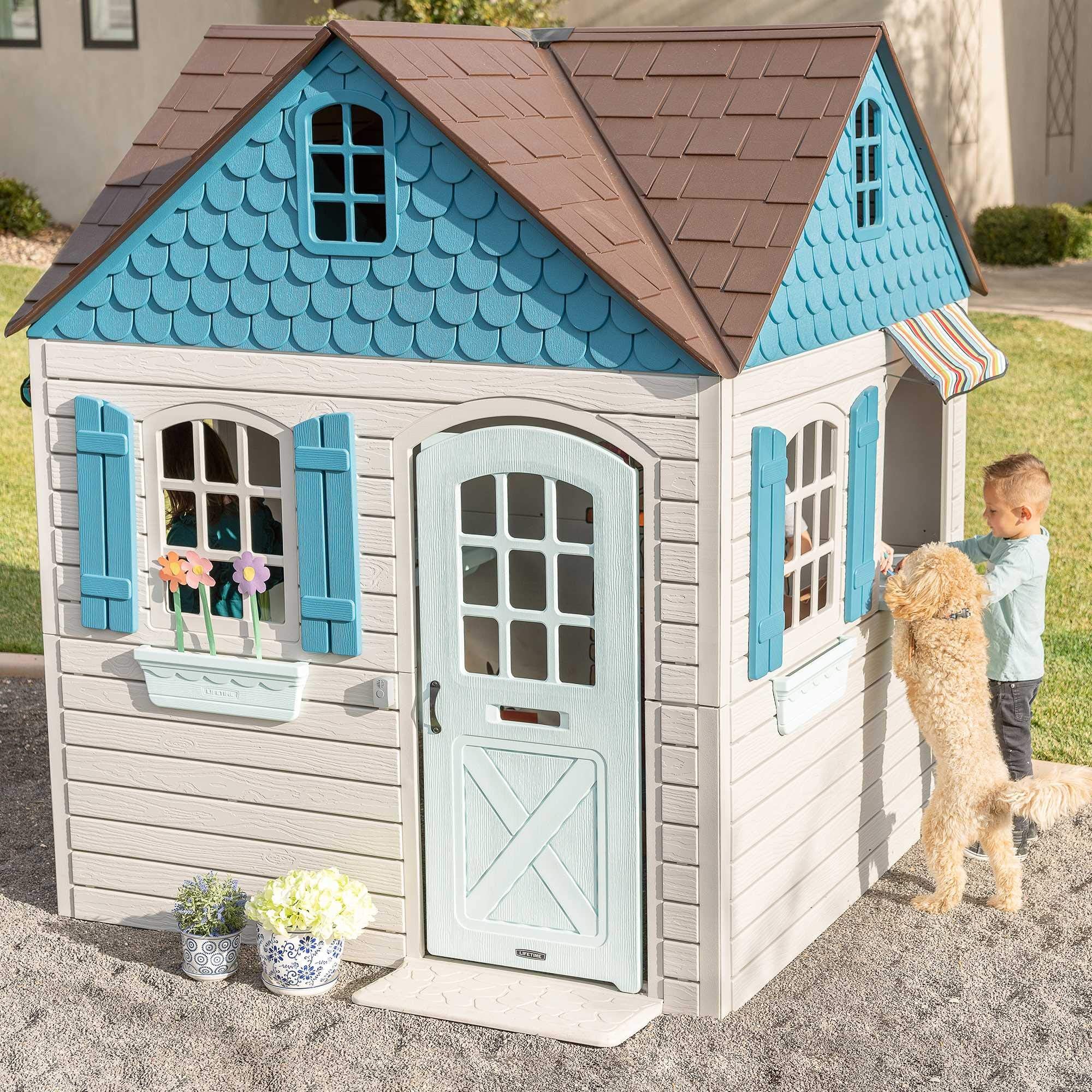 Heavy Duty Plastic Outdoor Playhouse, 6ft x 6ft x 7 ft Tall, Beige & Blue