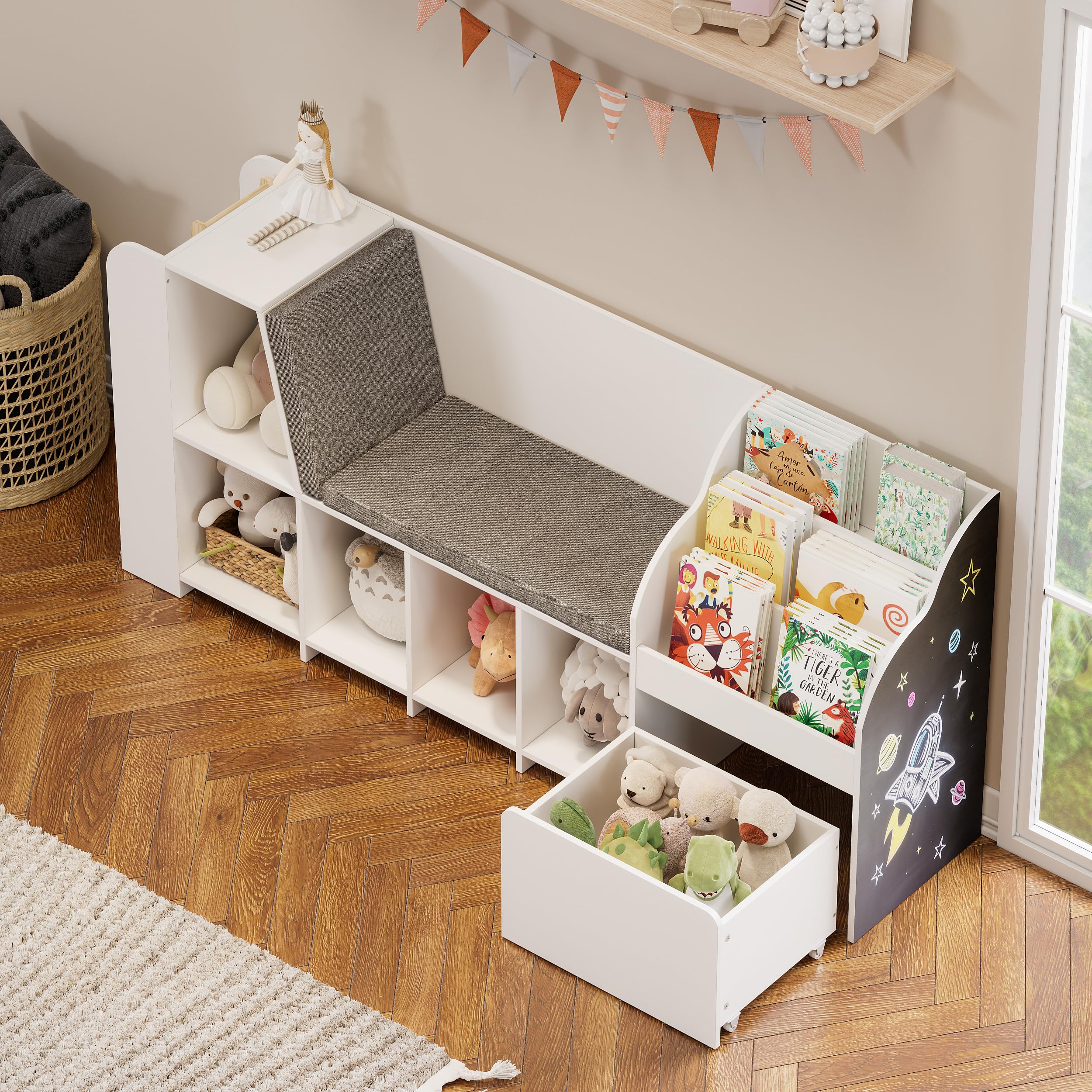 Kids Reading Nook with Storage Bench and Chalkboard
