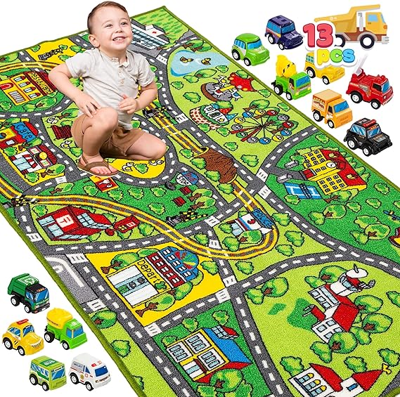 Kids Play Rugs - 12 Pull-Back Vehicle Set - Durable Carpet Playmat Rug - City Pretend