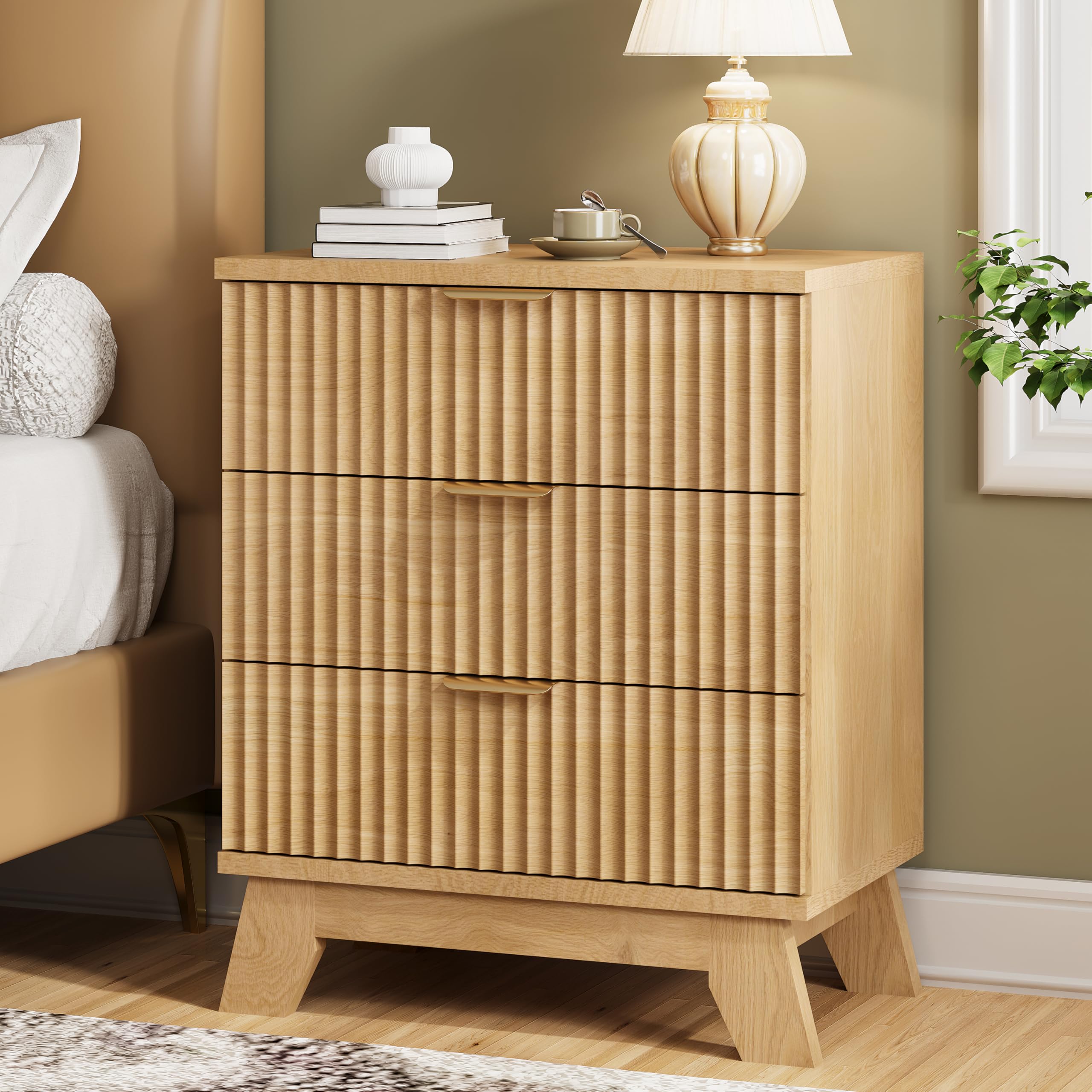 Fluted Nightstand with 3 Drawers Mid Century Modern Wood Bedside Table