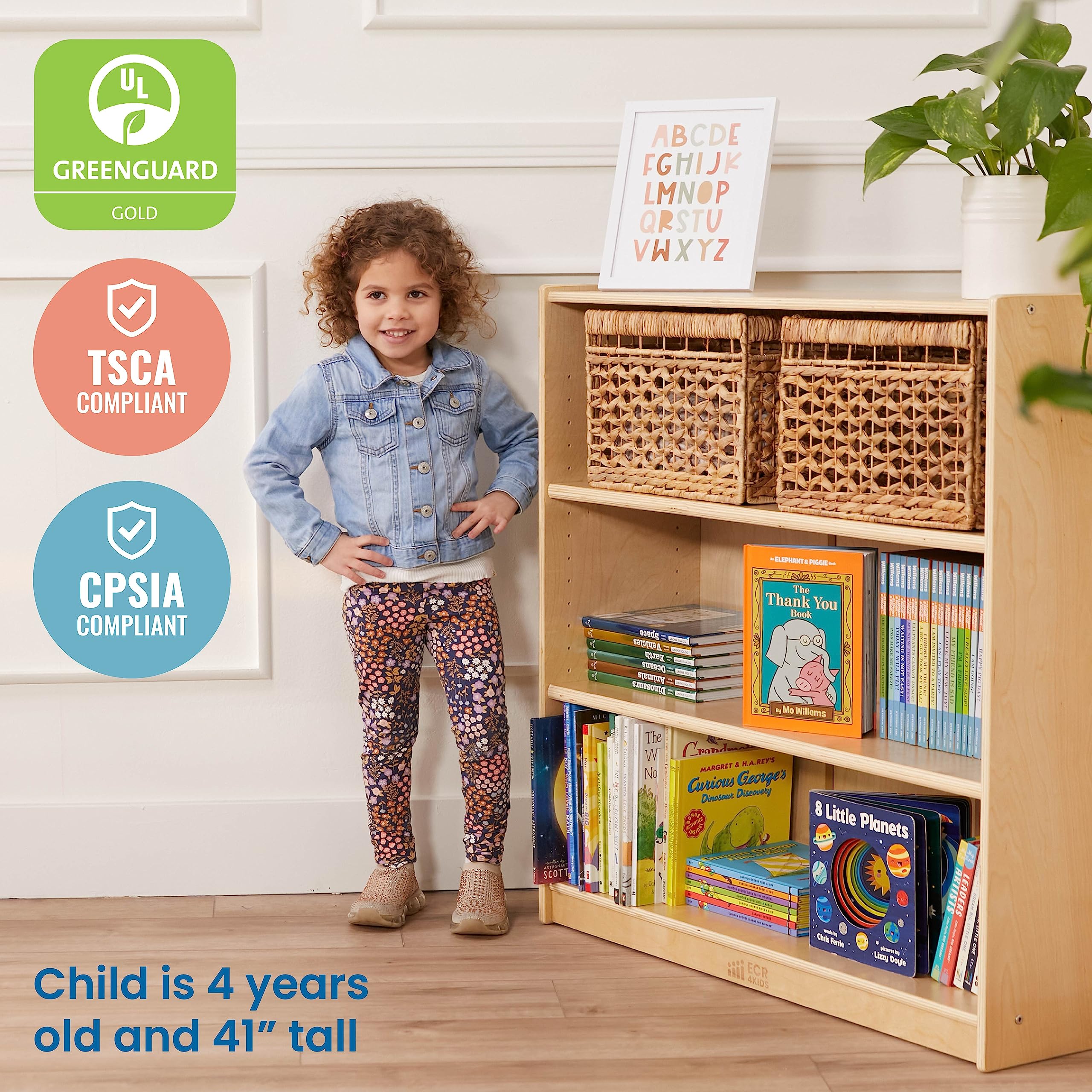 Wooden Bookcase with Adjustable Shelves for Kids