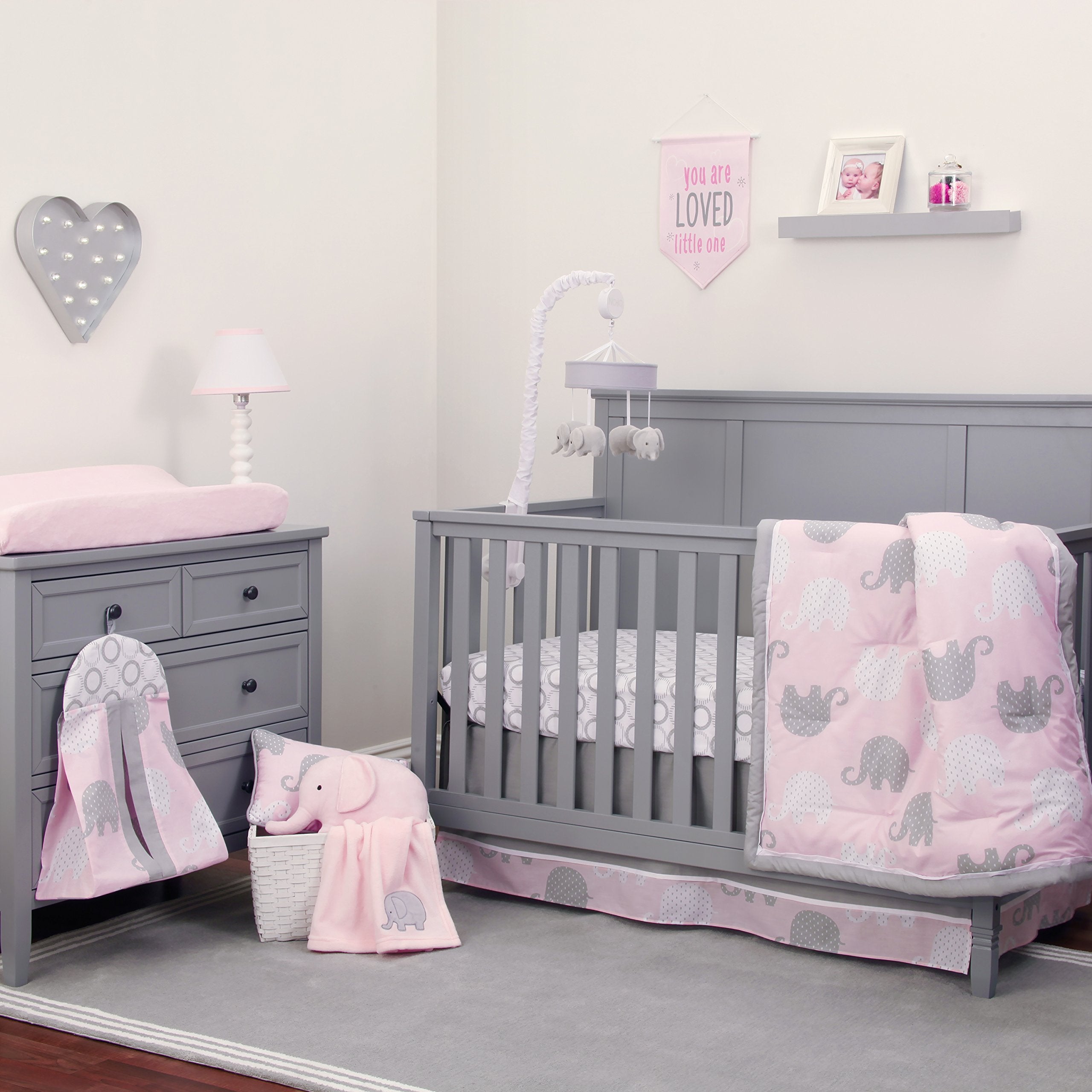 Pink Grey Elephant 8-Piece Crib Bedding Set - Complete Nursery Collection