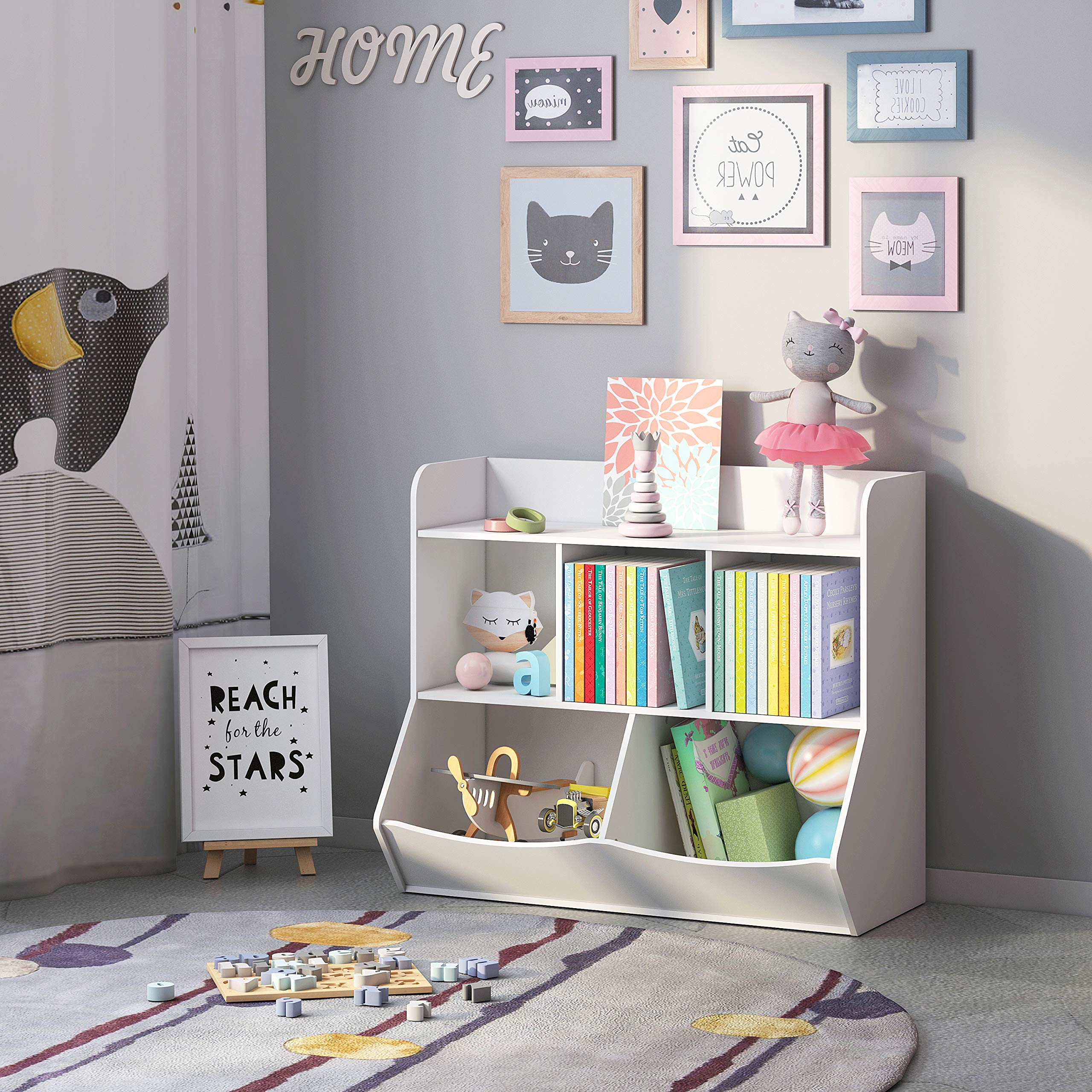 Toy Storage Organizer with Bookcase, Kid’s Multi Shelf Cubby for Books