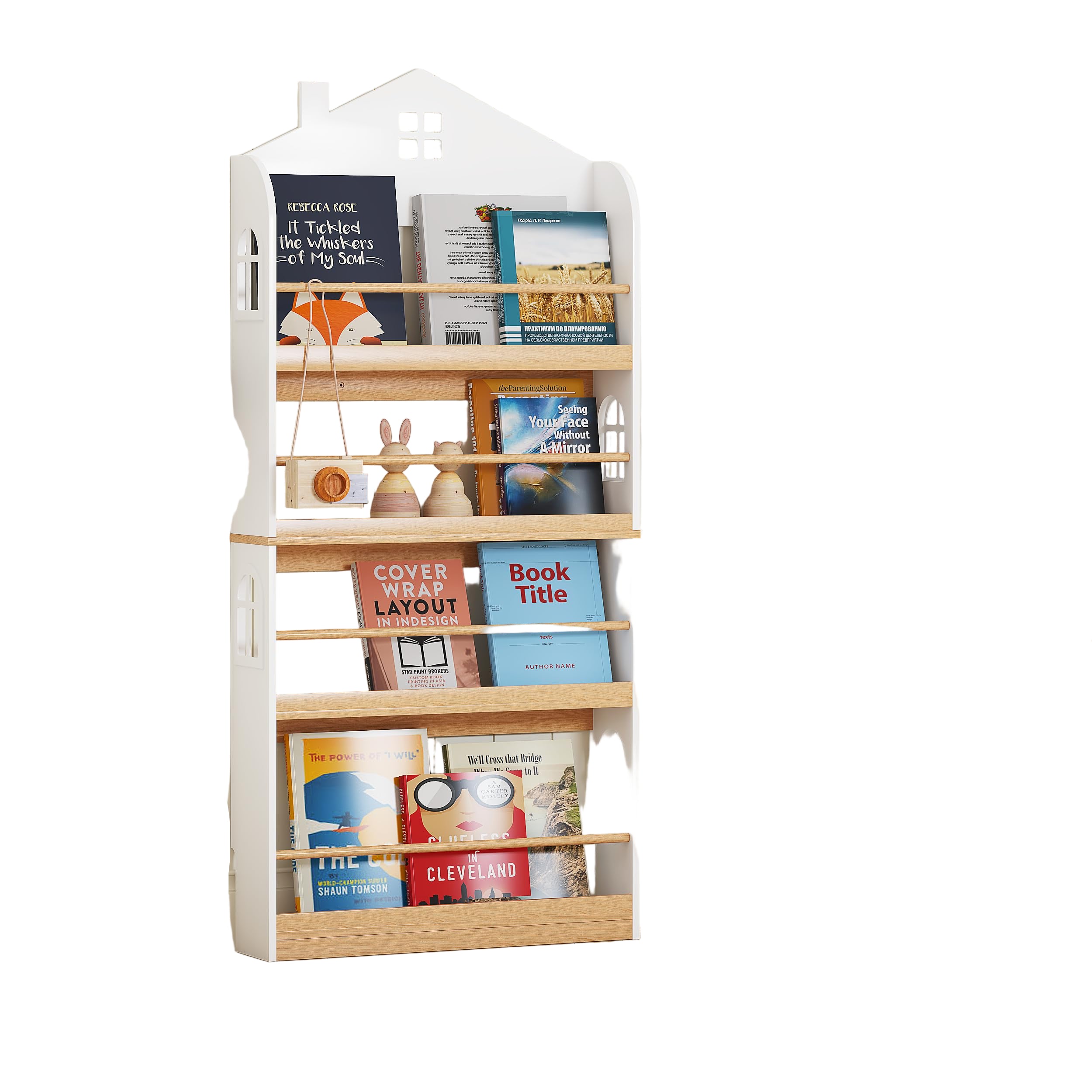 Bookshelf Wall Mounted, 4-Tier Book Shelf Organizer, Tall Wooden Children