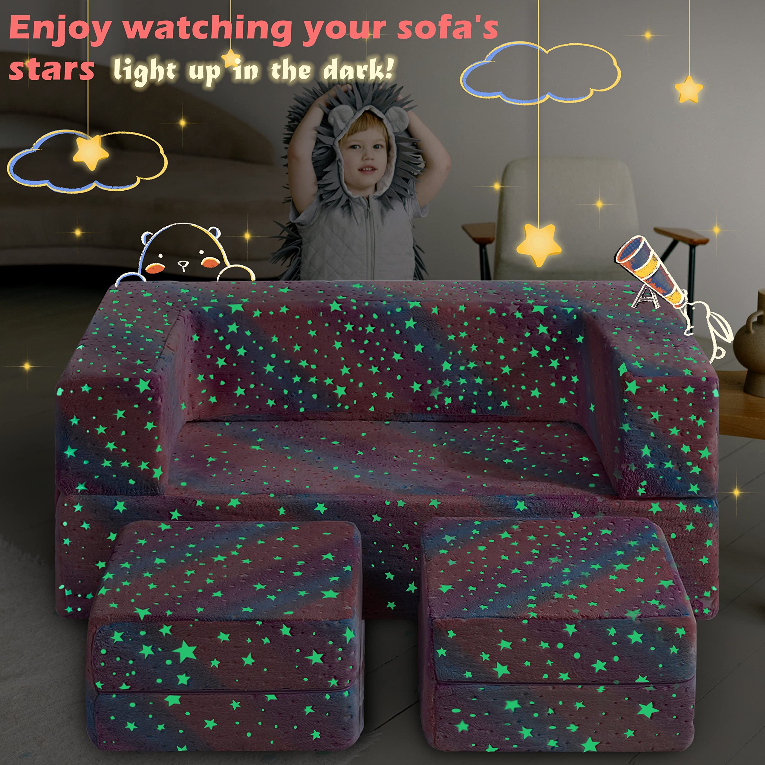 Glow in The Dark Modular Explore Sofa for Toddler 3 in 1 Fold Out Sofa