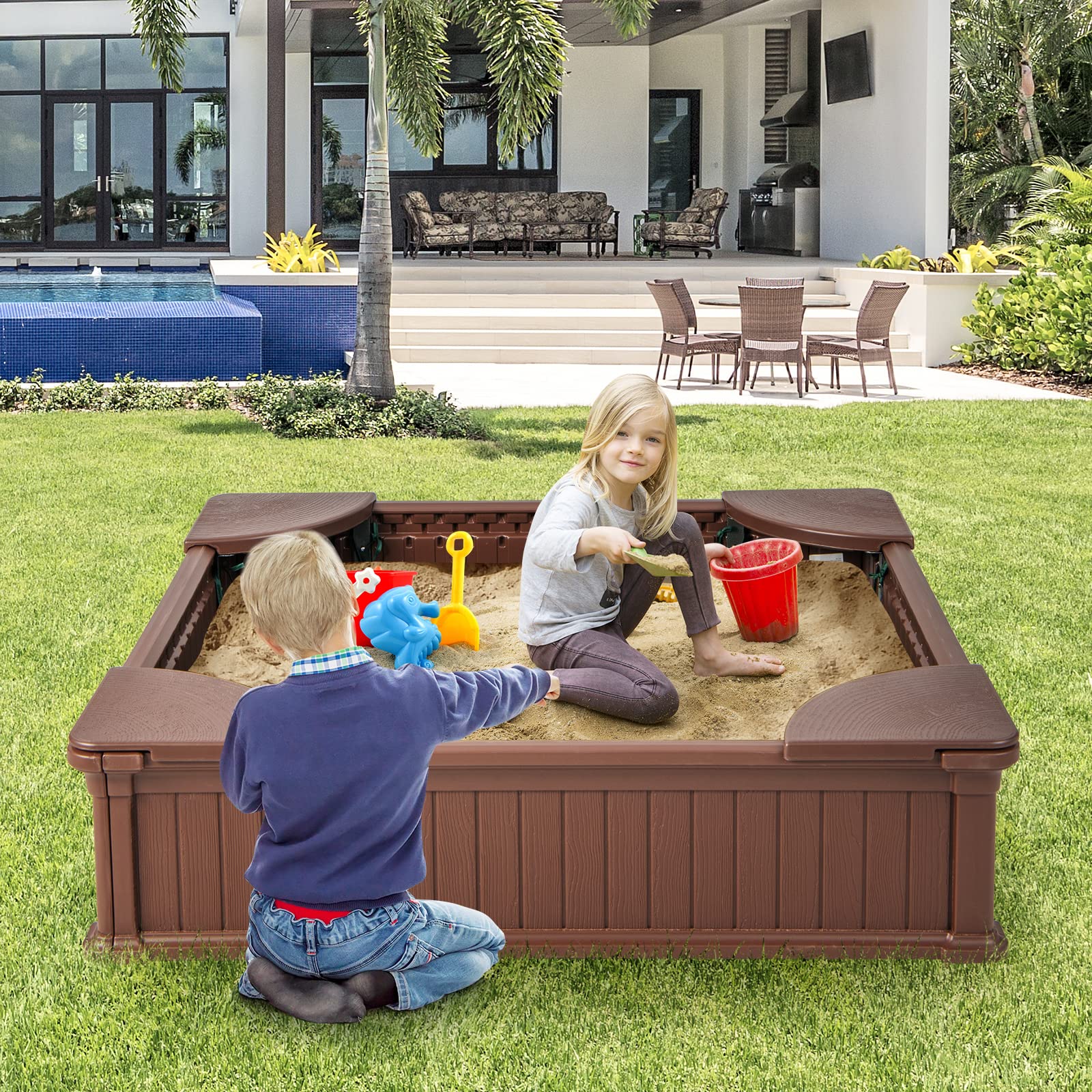 Kids Sandbox with Cover 48x48 Inch HDPE Outdoor Play Pit