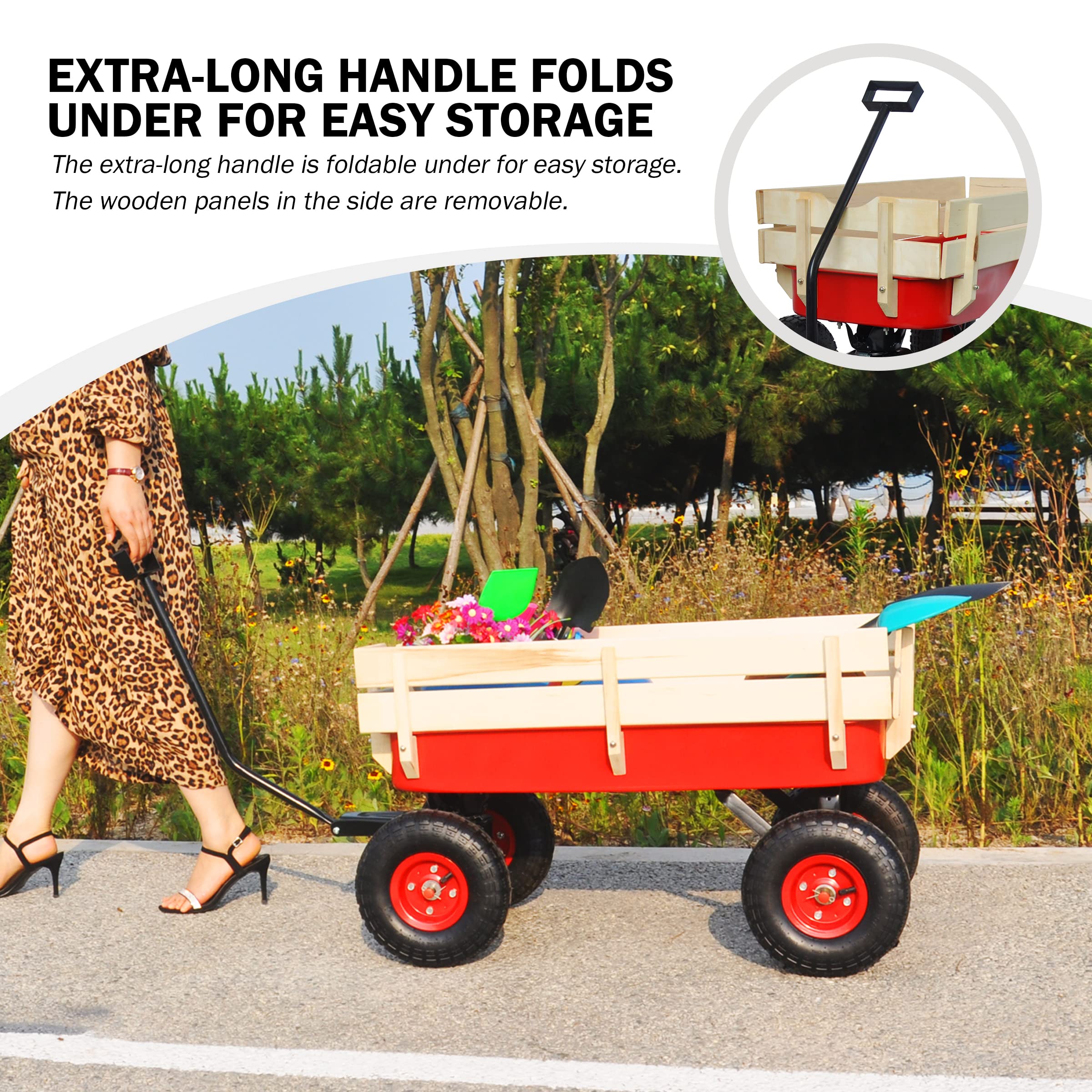 Sanch Ancha Heavy Duty Steel Wooden Side Support Cargo Wagon with 10” All-Terrain Air Tires, Up to 176lb Haul Capacity, Effortless Foldable Handle Cart for Towing Kids Toys, Gardening Supplies (Red)