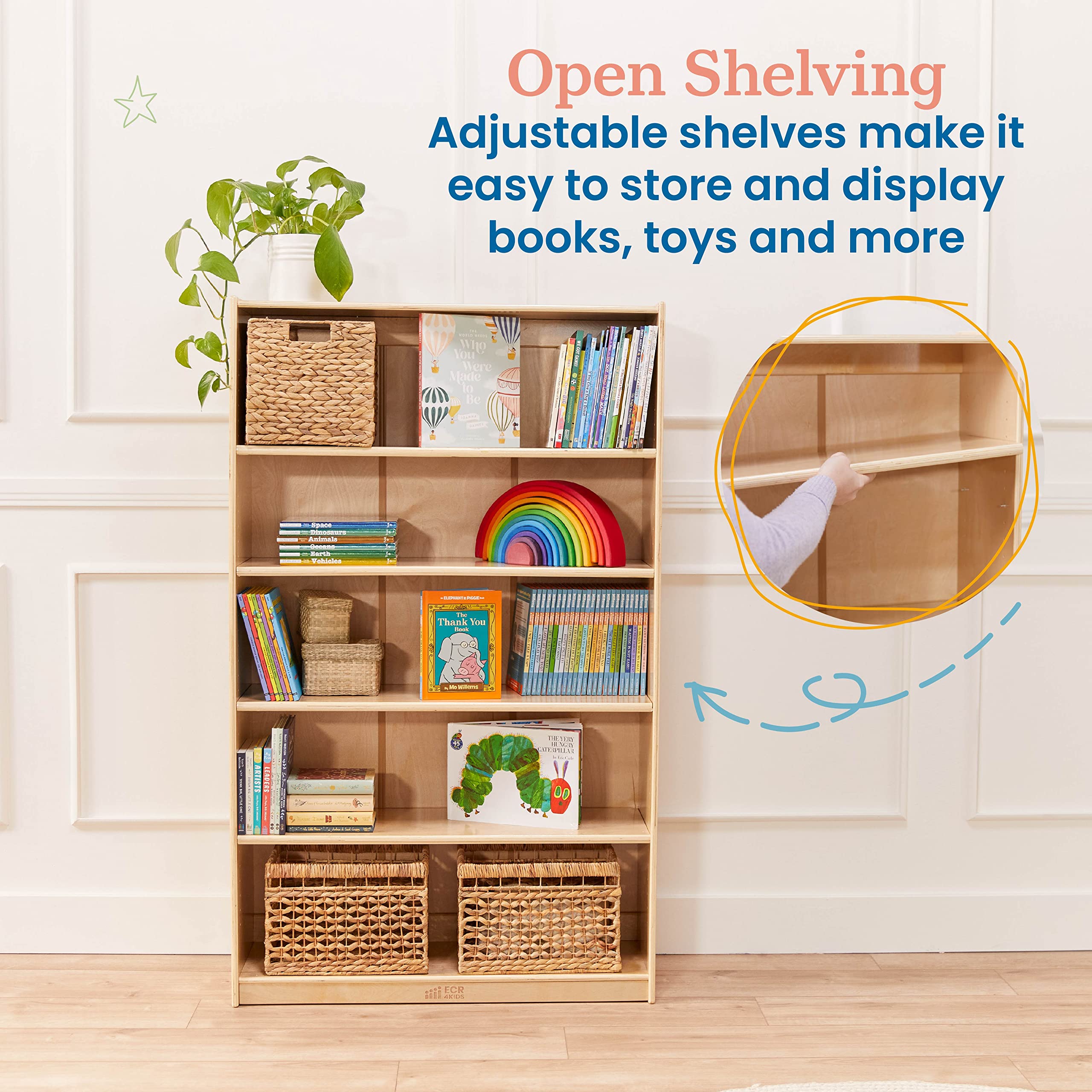 5-Shelf Wooden Bookcase for Kids