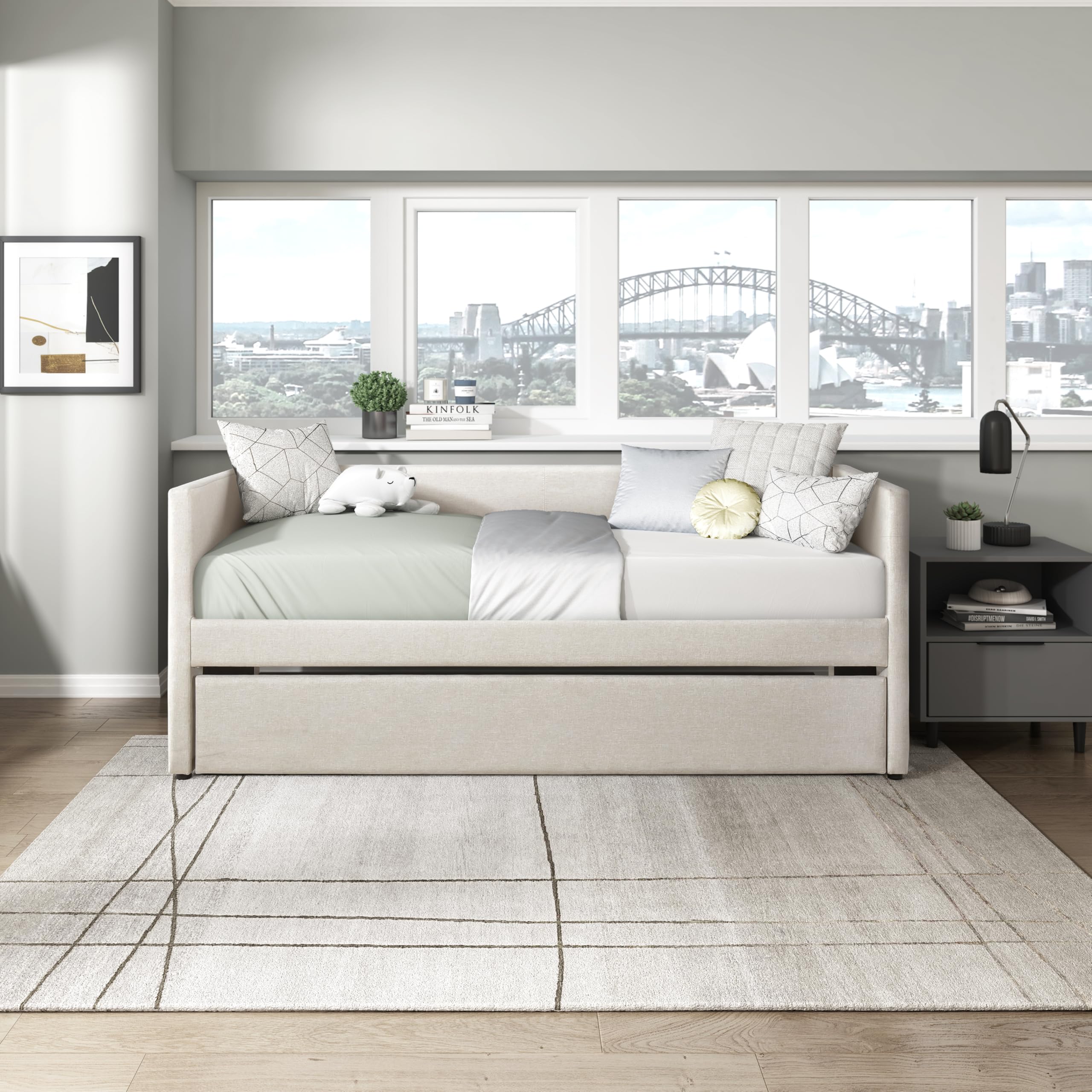 Upholstered Daybed with Trundle, Textured Fabric