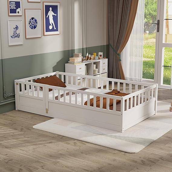 Twin Size Floor Bed with High Fence and Door
