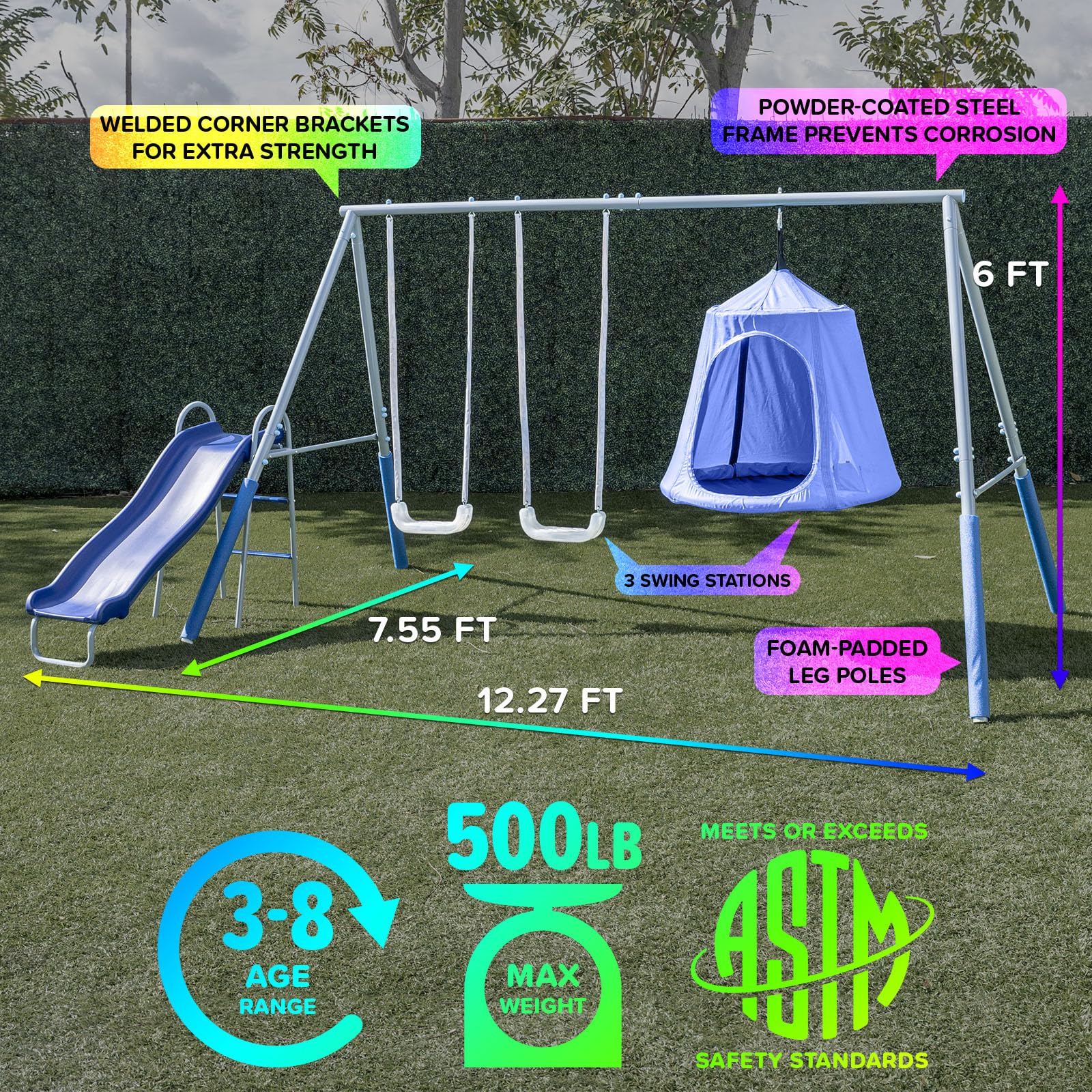 Metal Swing Set with LED Lights and Slide