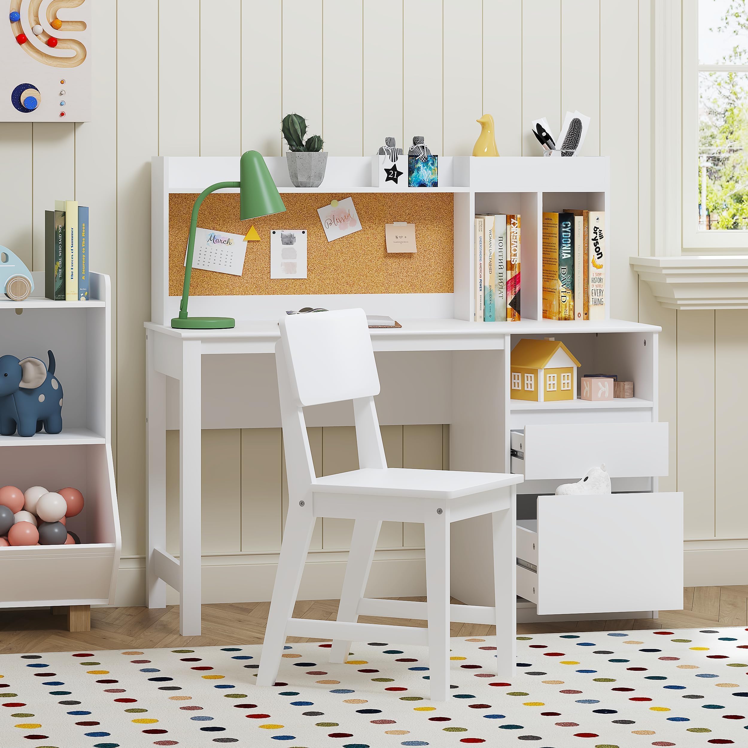 Kids Desk and Chair Sets, Kids Study Desk Set with Hutch and Storage