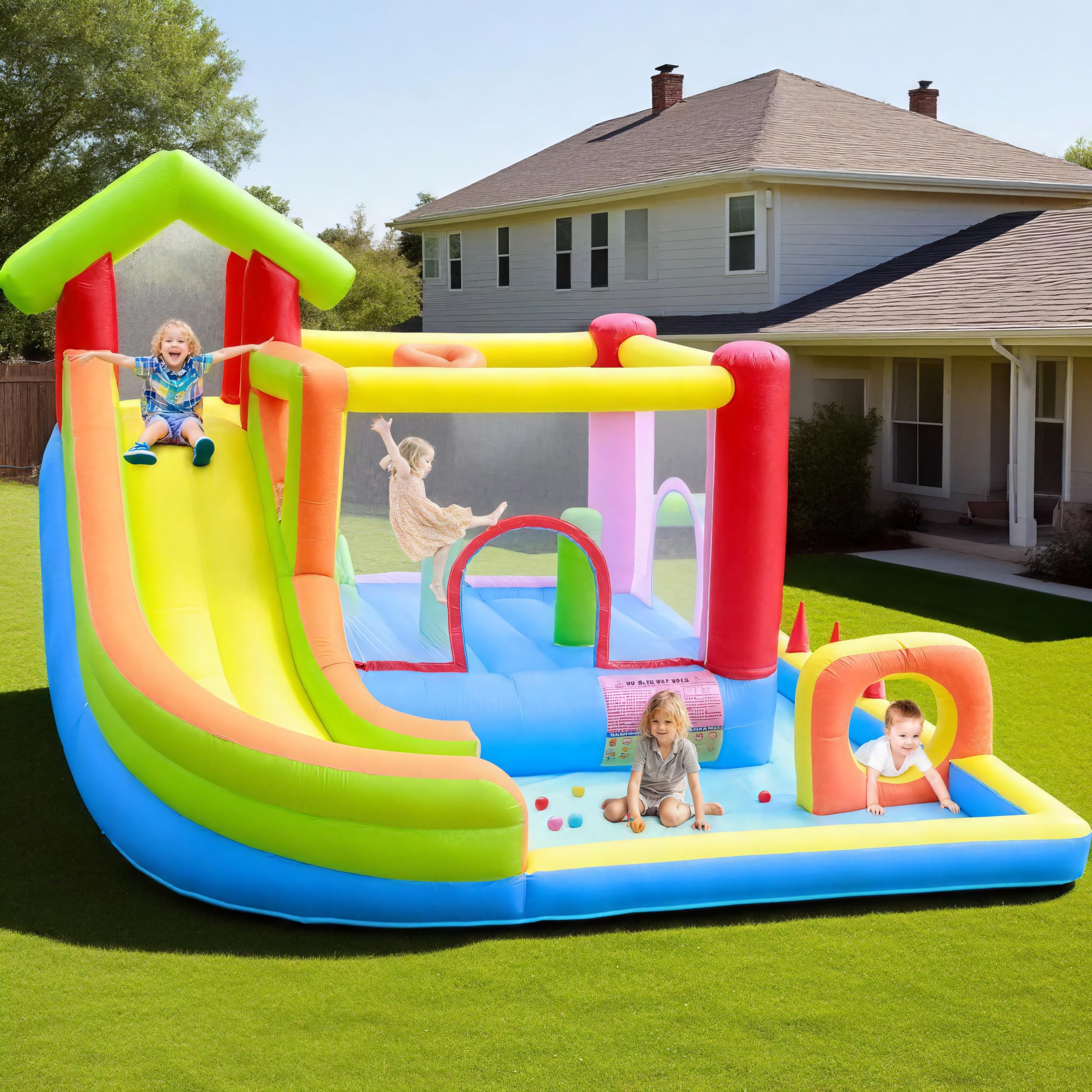 Inflatable Water Slide Bounce House with Dual Slides and Splash Pool