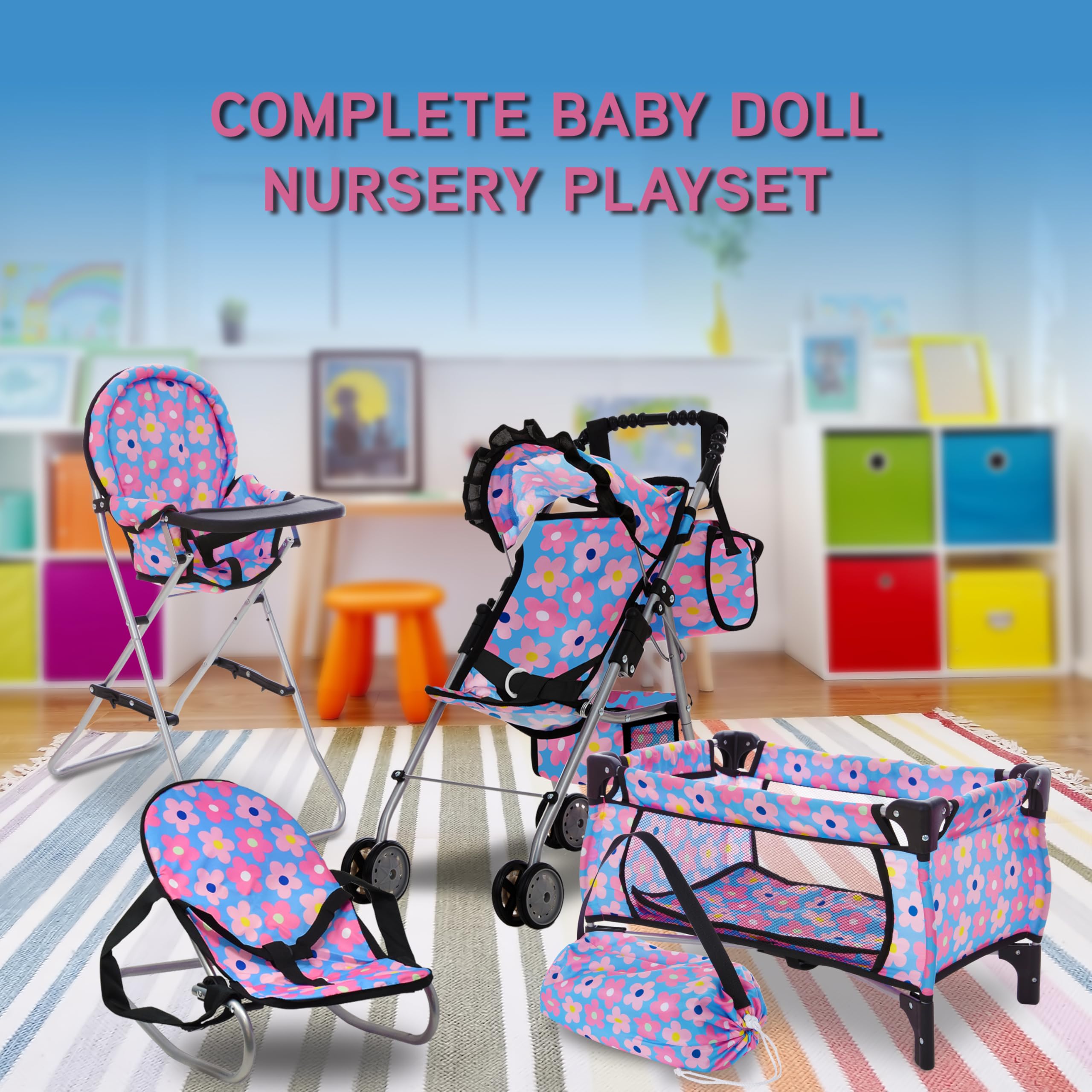 4-in-1 Doll Nursery Playset with Stroller Bed High Chair
