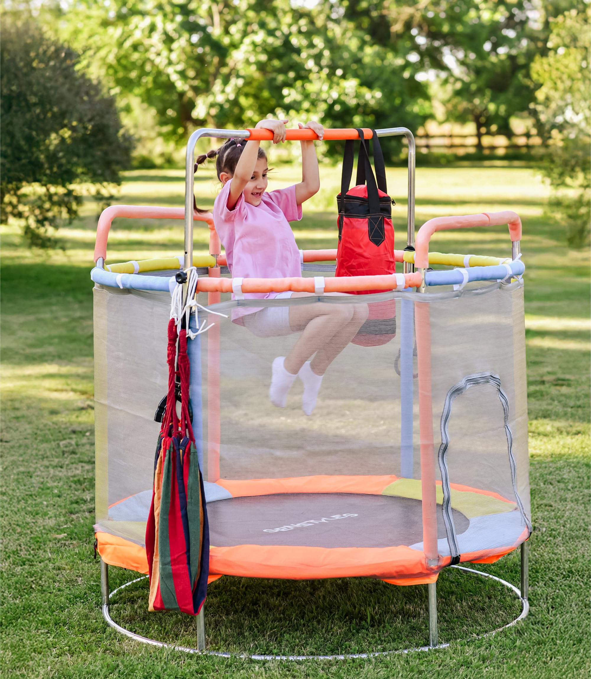 Kids Trampoline with Safety Enclosure and Adjustable Handlebar
