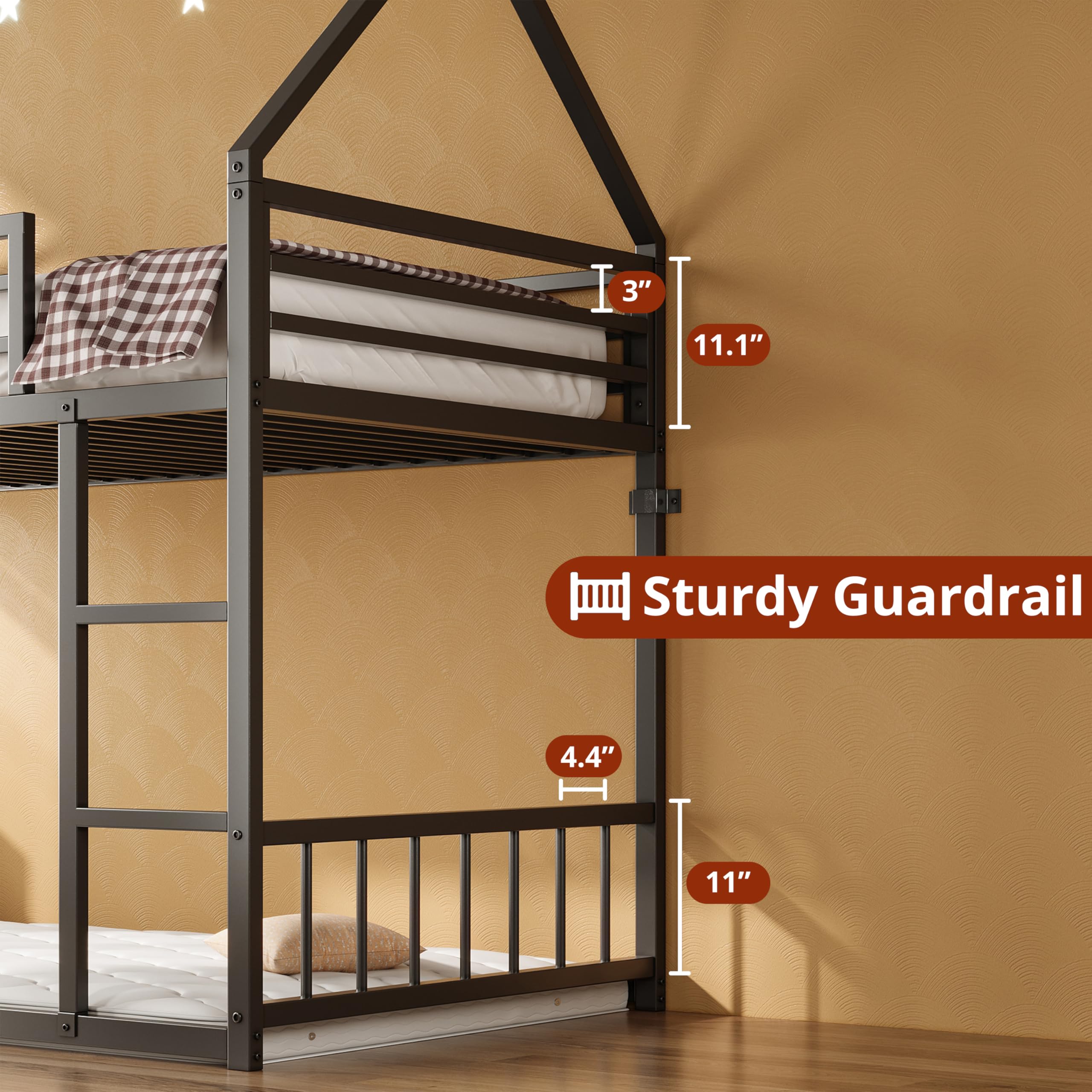 Twin Over Twin House Bunk Bed with Ladder and Guardrail