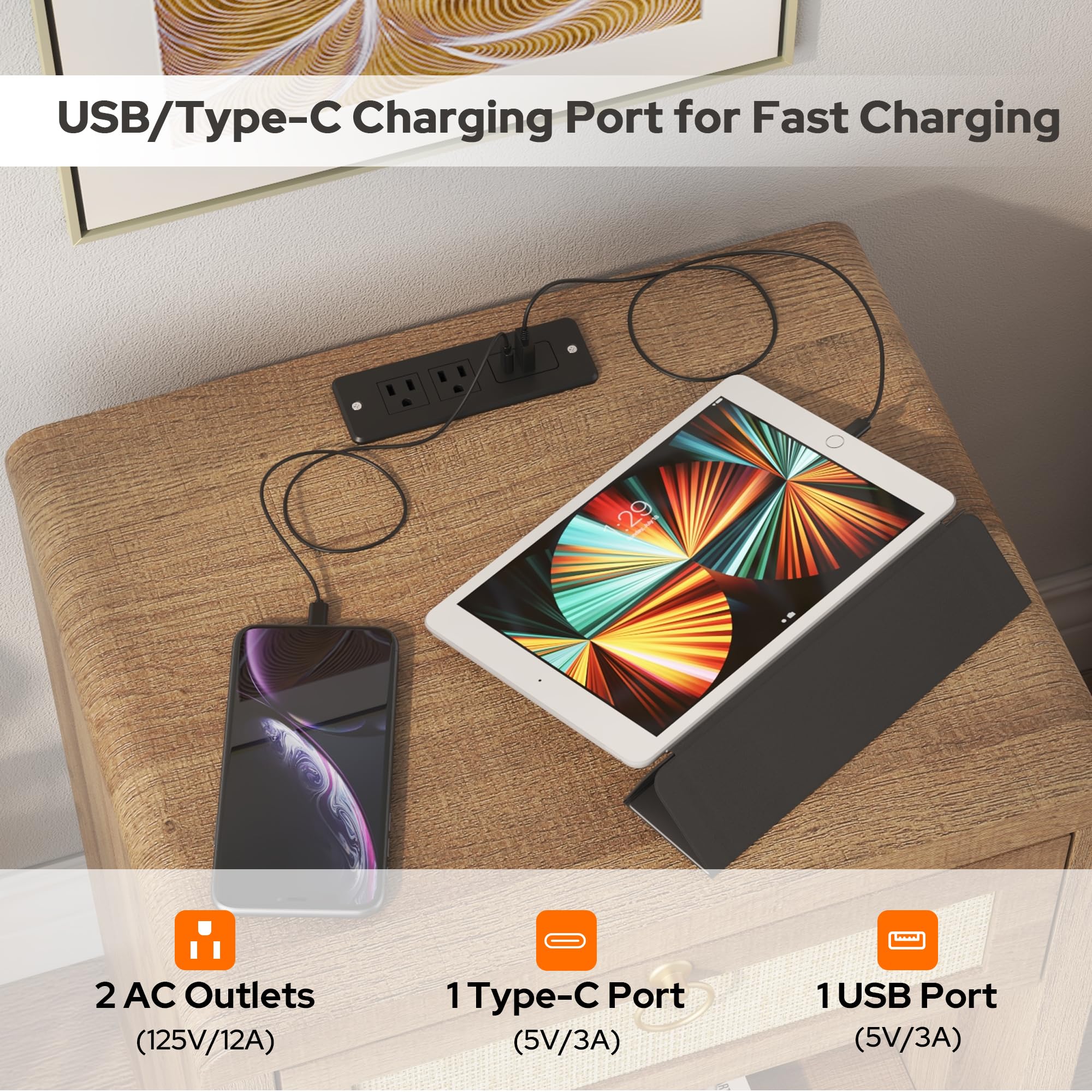 Rattan Nightstand Set with Charging Station