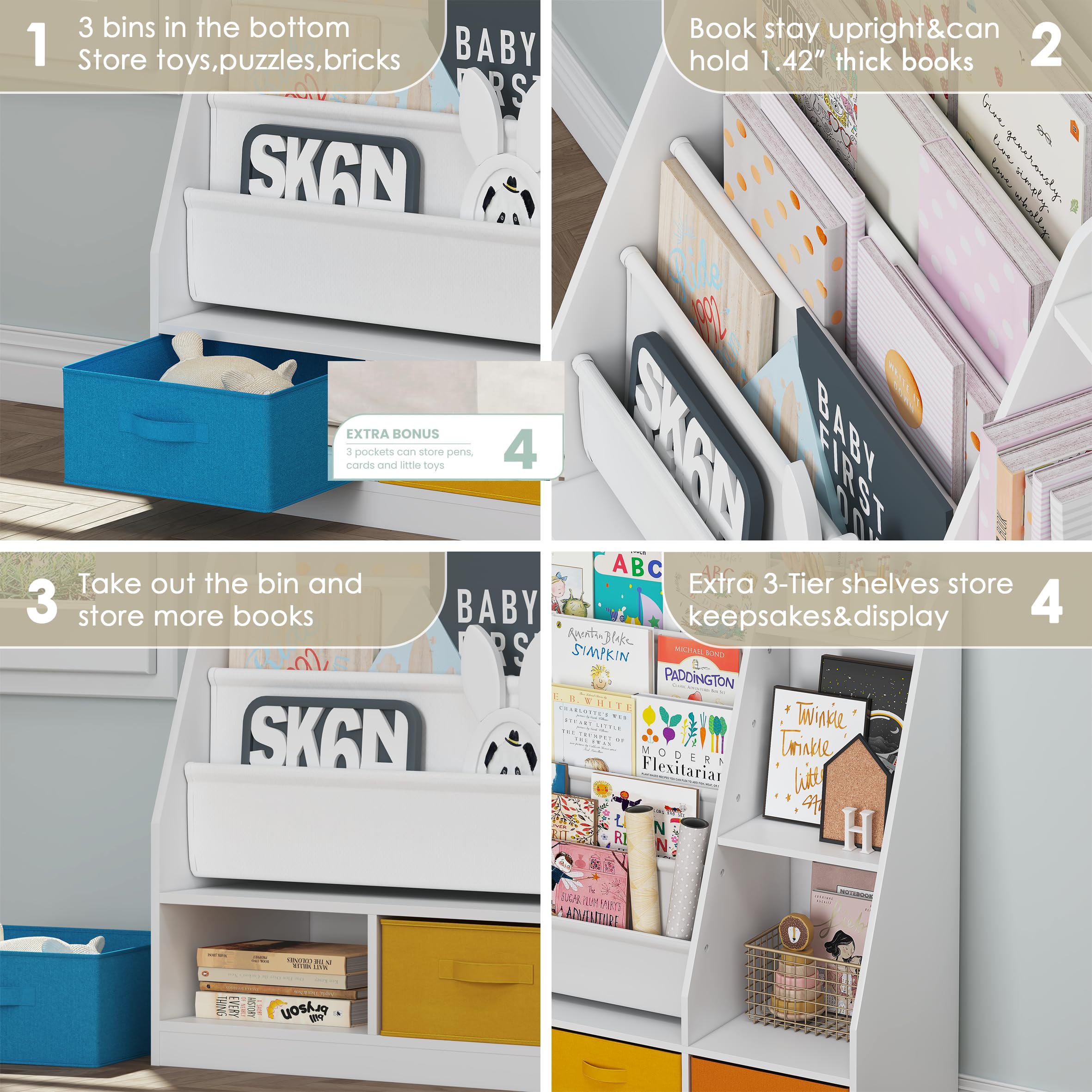 5-Tier Kids Sling Bookshelf with Storage Bins