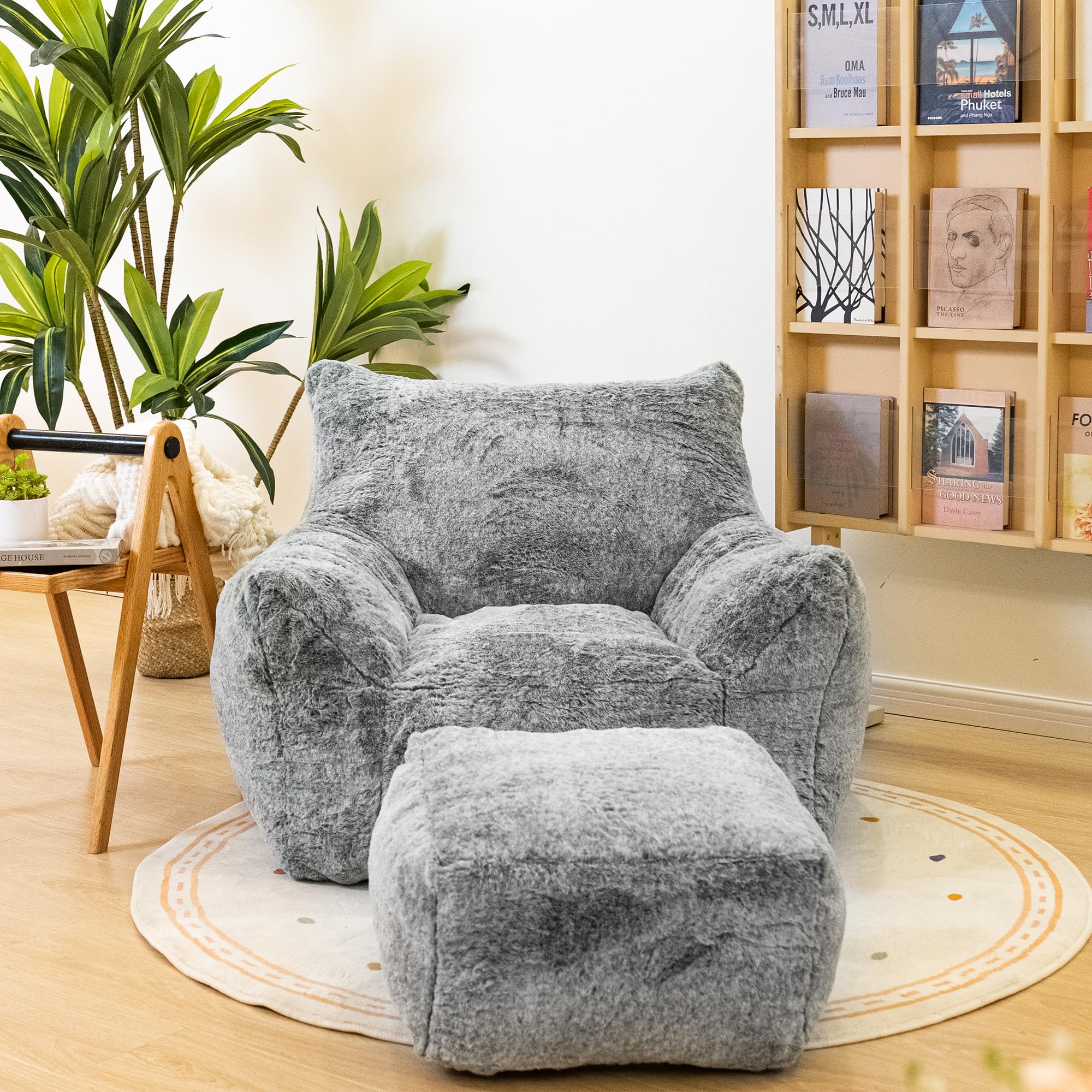 Bean Bag Chair with Ottoman and Footrest - Faux Fur