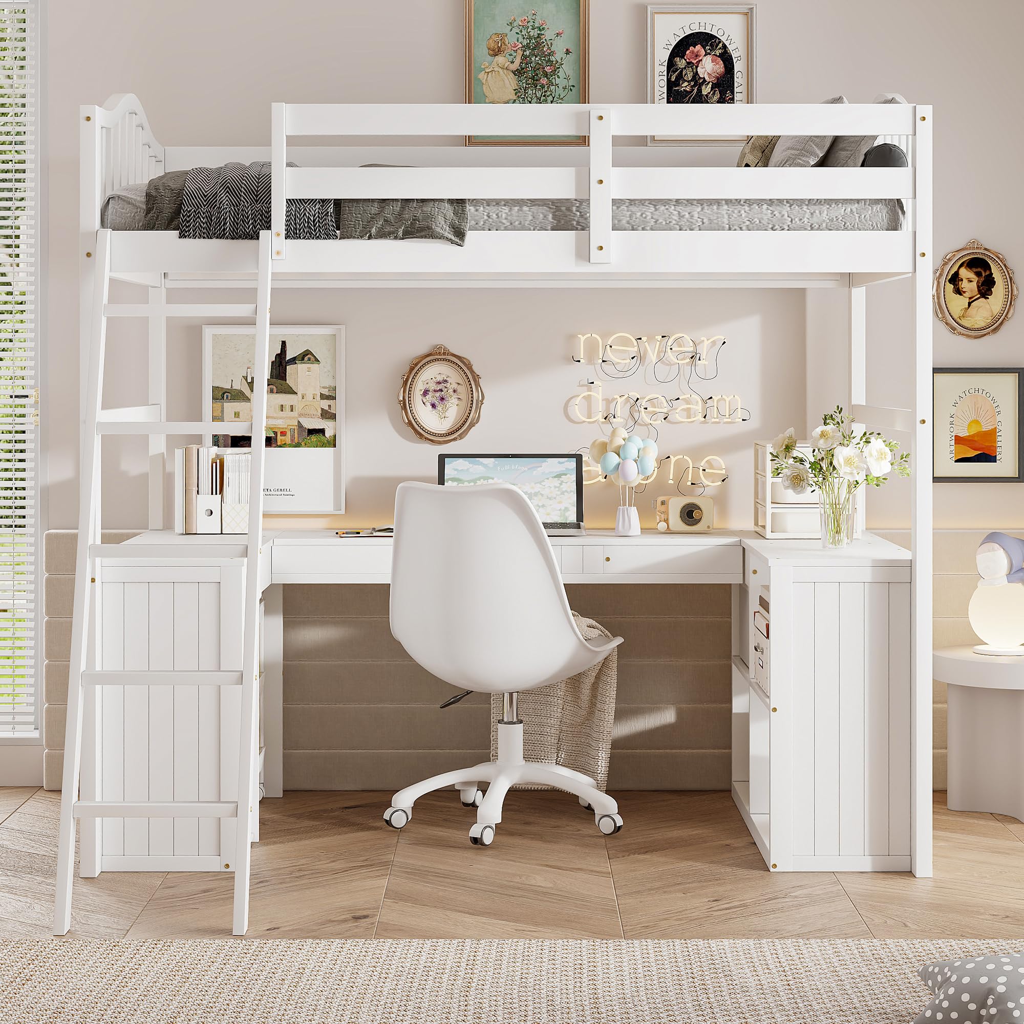 Twin Size Loft Bed with Desk, Wooden Loft Bed Frame with Drawers