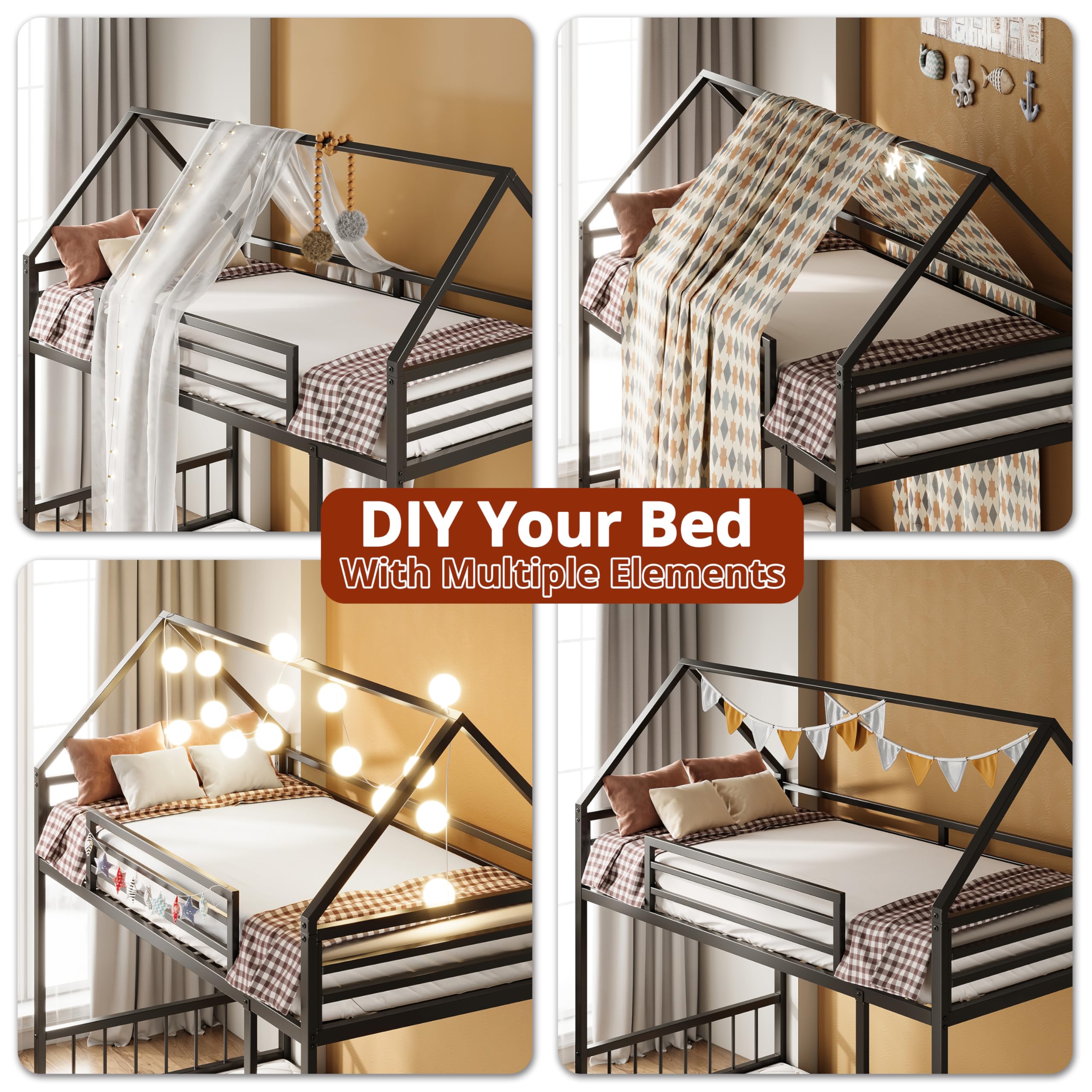 Twin Over Twin House Bunk Bed with Ladder and Guardrail