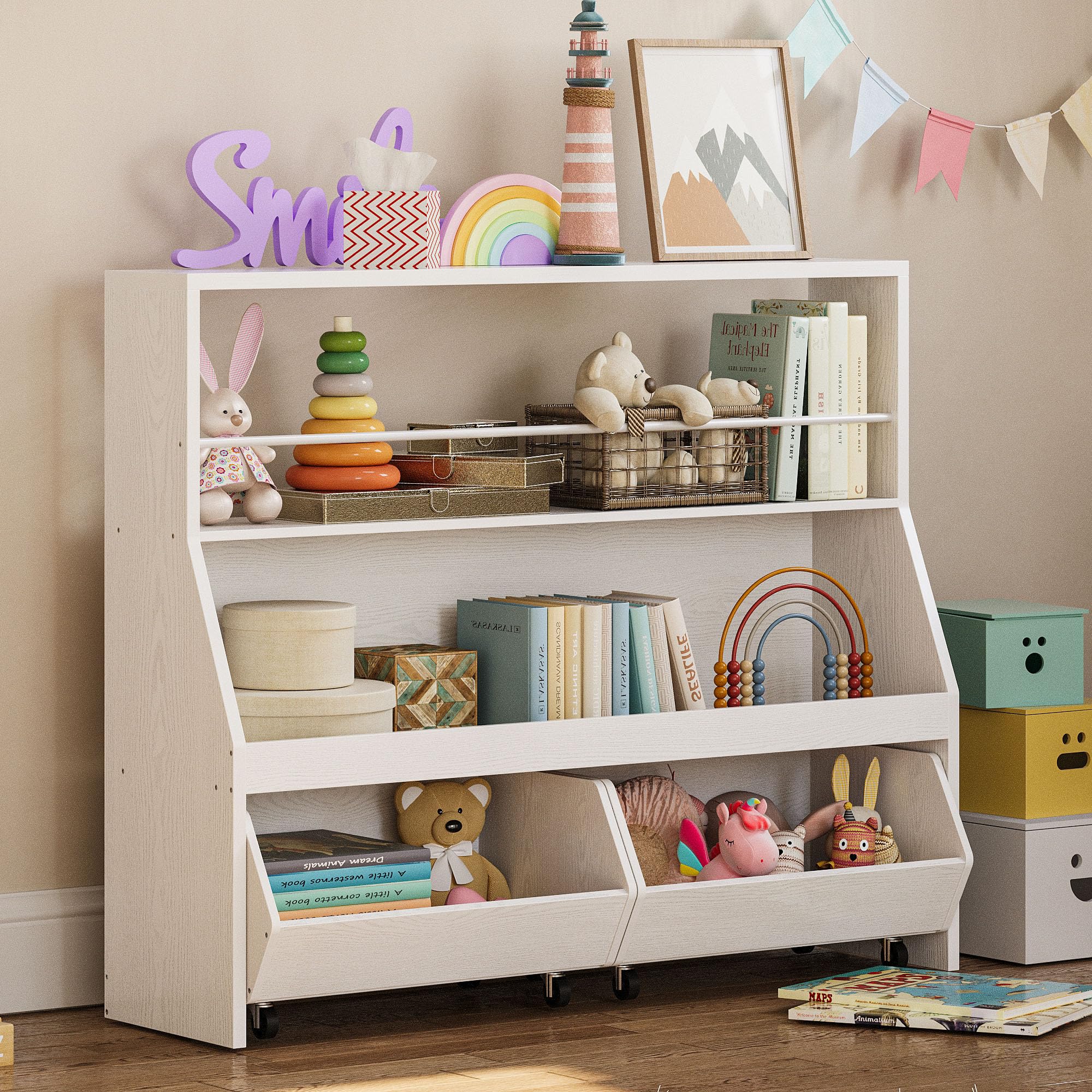 Toy Storage Organizer, Kids Bookshelf with 2 Movable Cubby