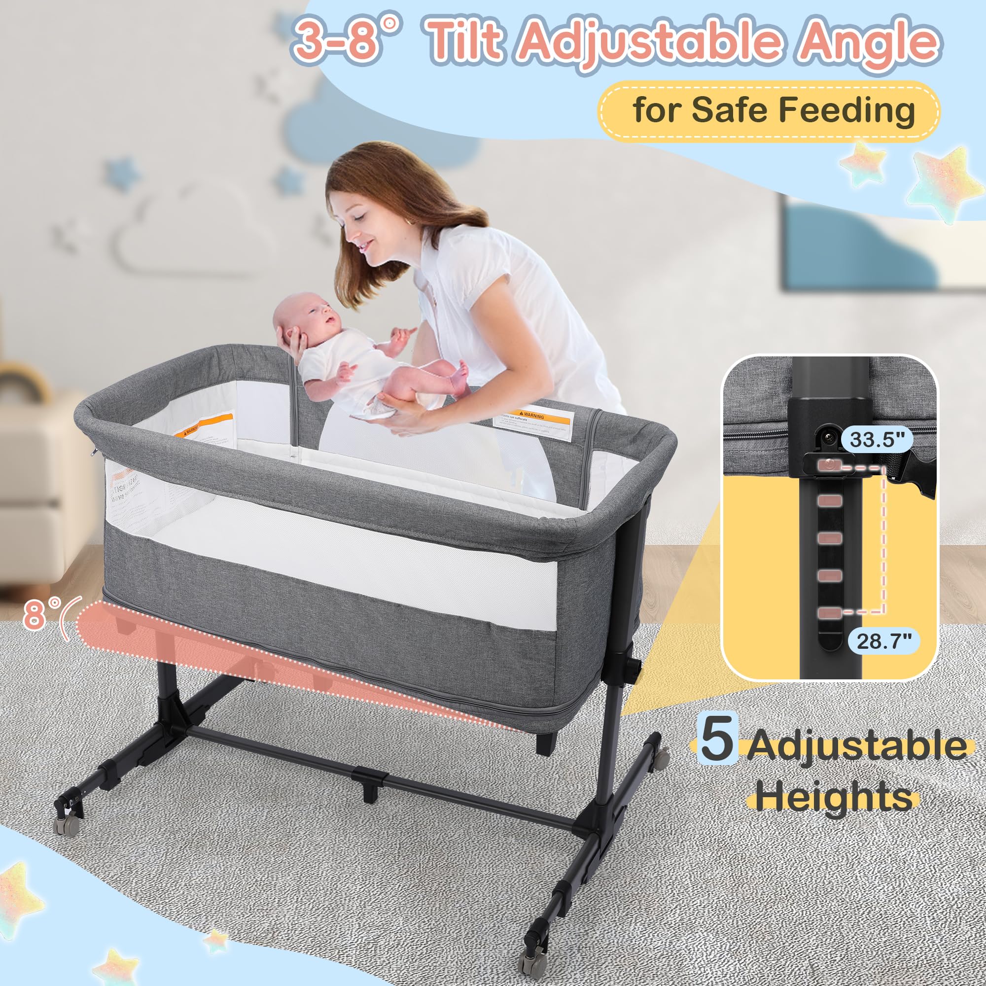 5-in-1 Baby Bassinet Bedside Sleeper with Diaper Changing Station