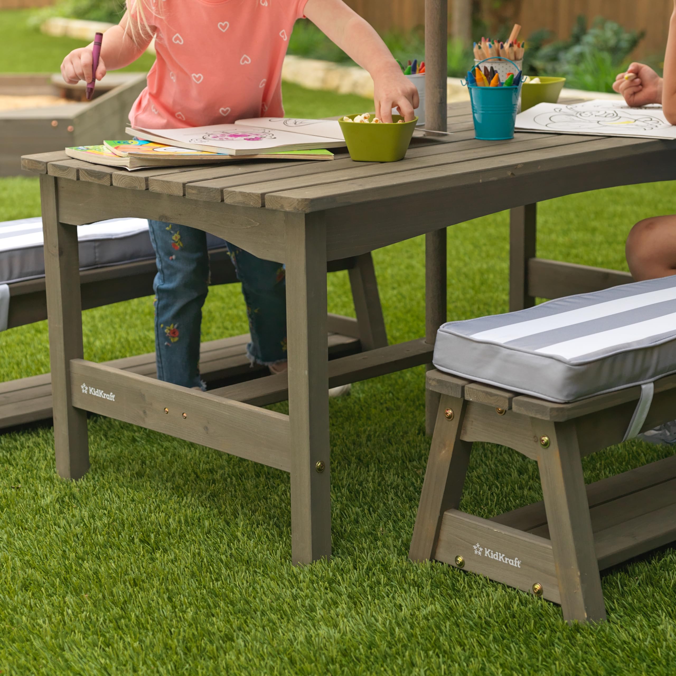 Outdoor Wooden Table & Bench Set with Cushions and Umbrella