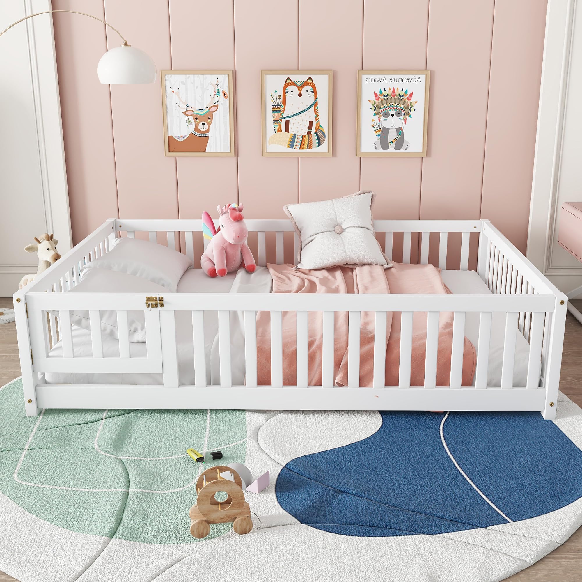Full Size Floor Bed Frame with Slats and Safety Guardrail
